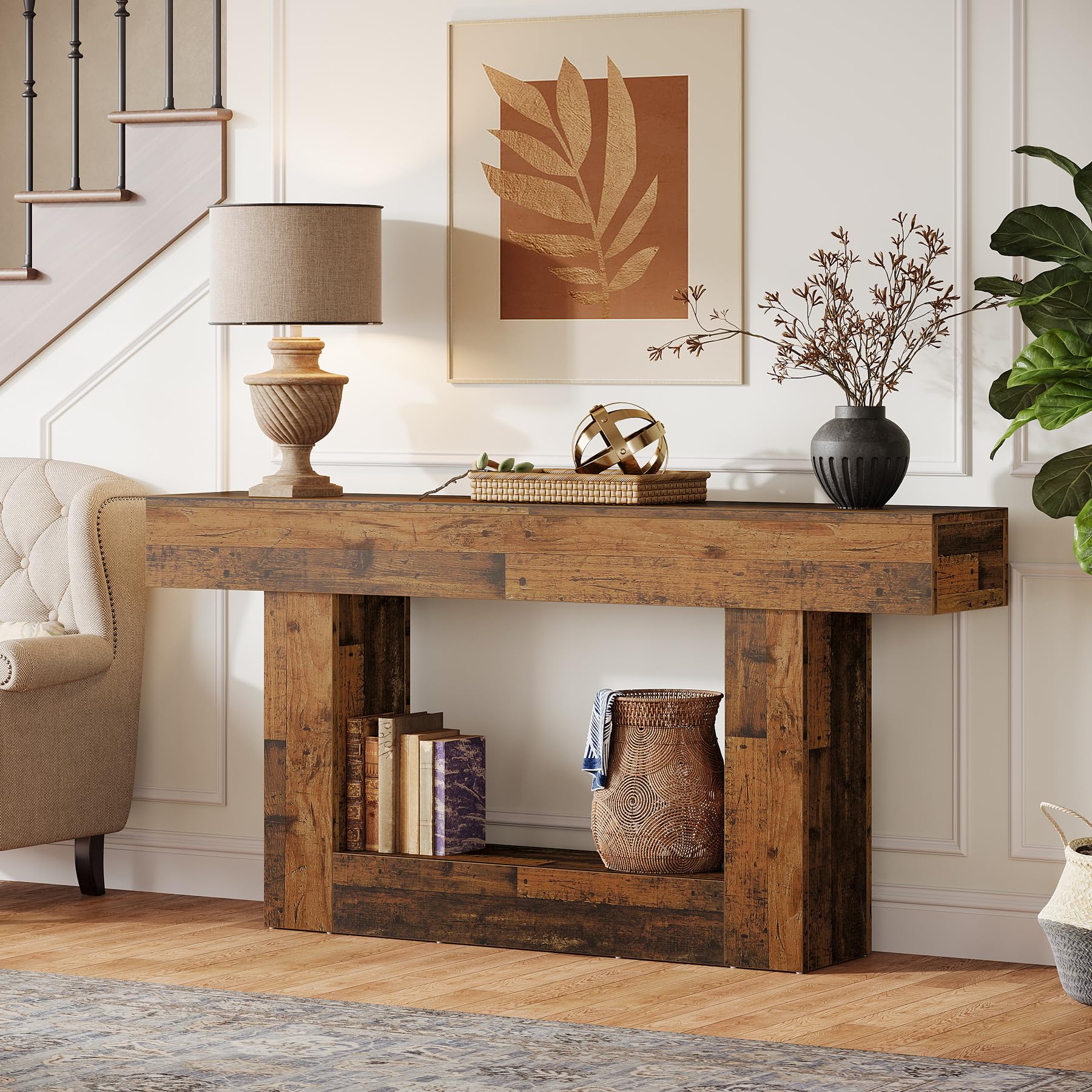 160 Cm Long Console Table, Rustic 2 Tier Entrance Table Coffee Table With U-shaped Base, Farmhouse Wood Sofa Table Behind Couch For Living Room, Bedroom, Hallway, Foyer