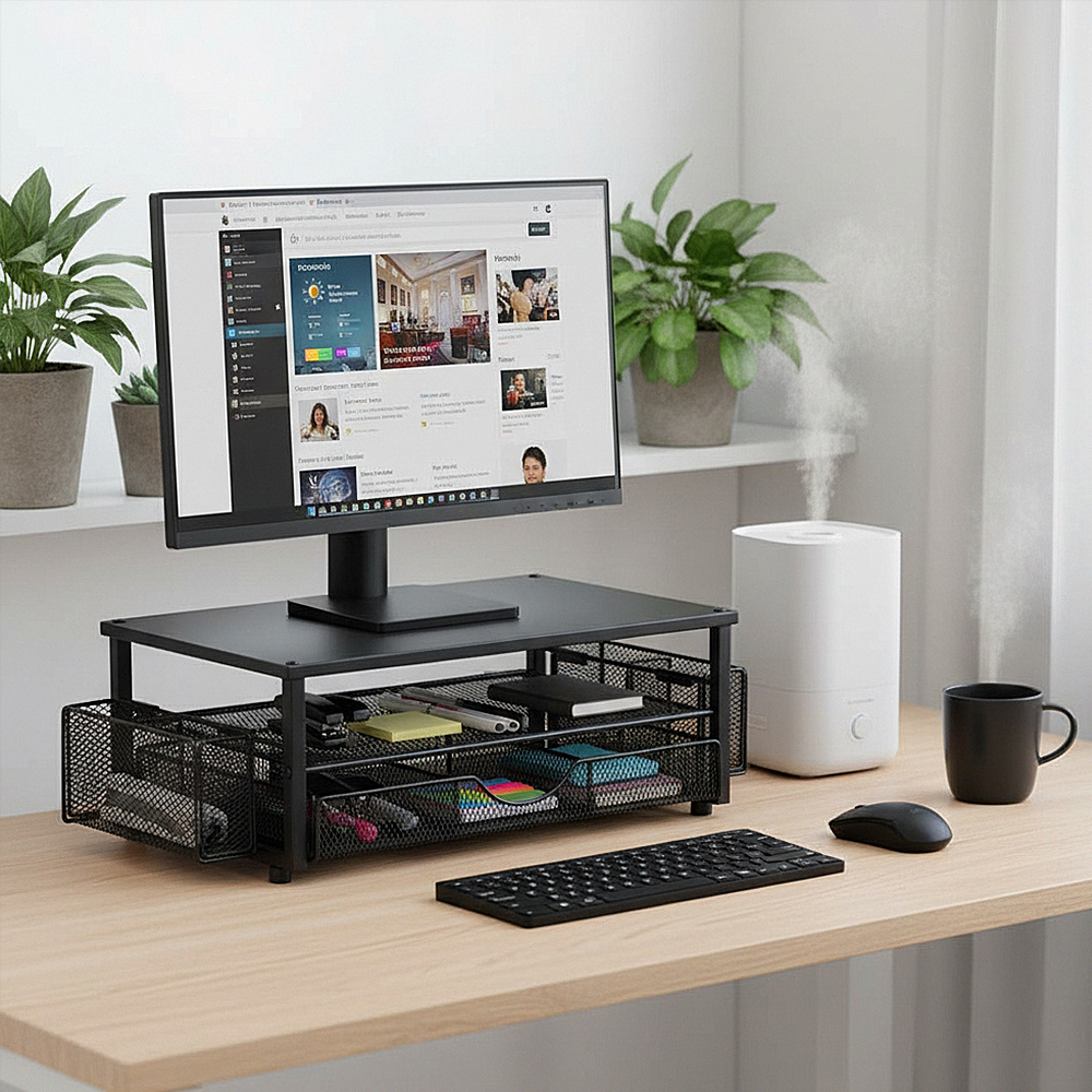 TEMU 3- Tier Office Printing Stand With Drawer Desktop Organiser Featuring 2 Pen Holders Multi-tier Drawer System For Categorised Storage Black