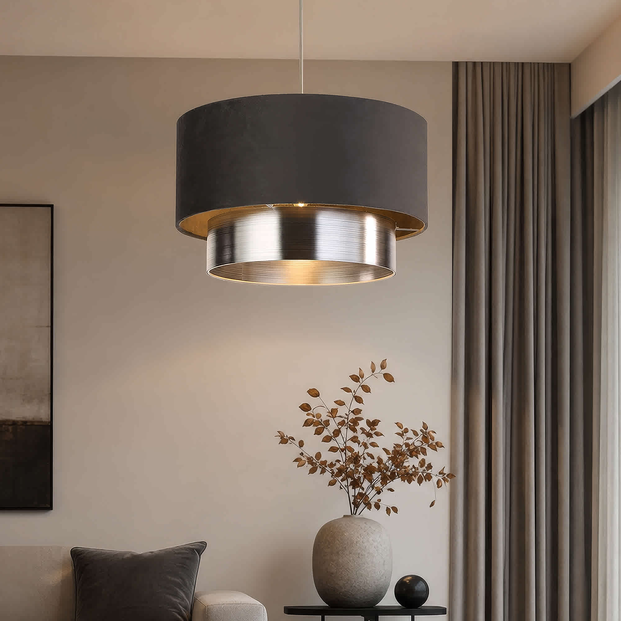 TEMU Velvet Lamp Shade With Silver Tiered Detail, Luxury Drum Ceiling Shade & Pendant Light Cover, Contemporary Ambient Lighting For Bedroom, Living