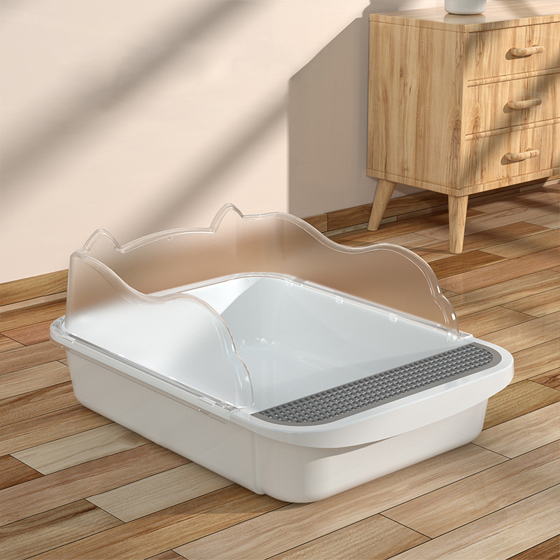 TEMU Jumbo High Sided Cat Litter Tray In White And Grey, 48*37*20cm Large Open , Includes Free Scoop And Detachable Rim, Deep Toilet Pan For Cat