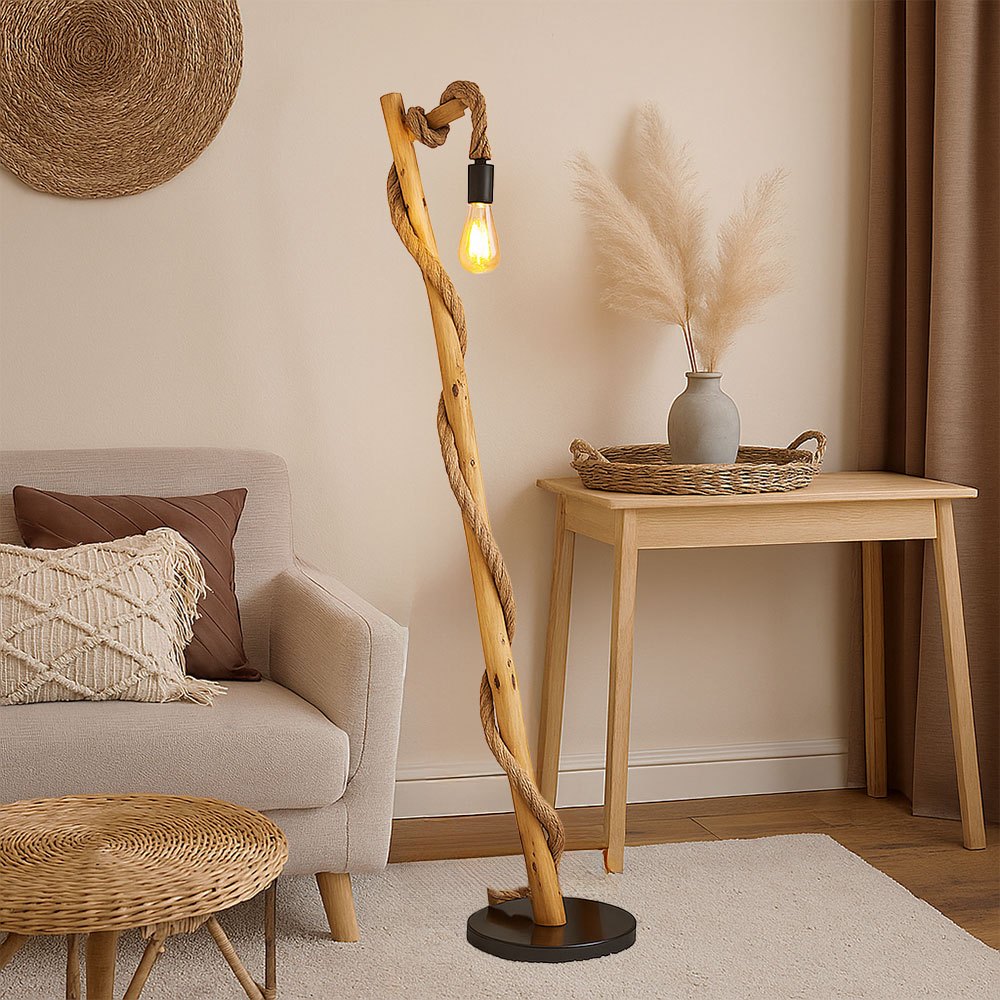 Image of Floor Lamp For Living Room, Black Wooden Lamp With Hemp Rope, Wood Look Rustic Style, Brown Metal, 1x E27 Socket, Lxwxh 42.5x30x150cm