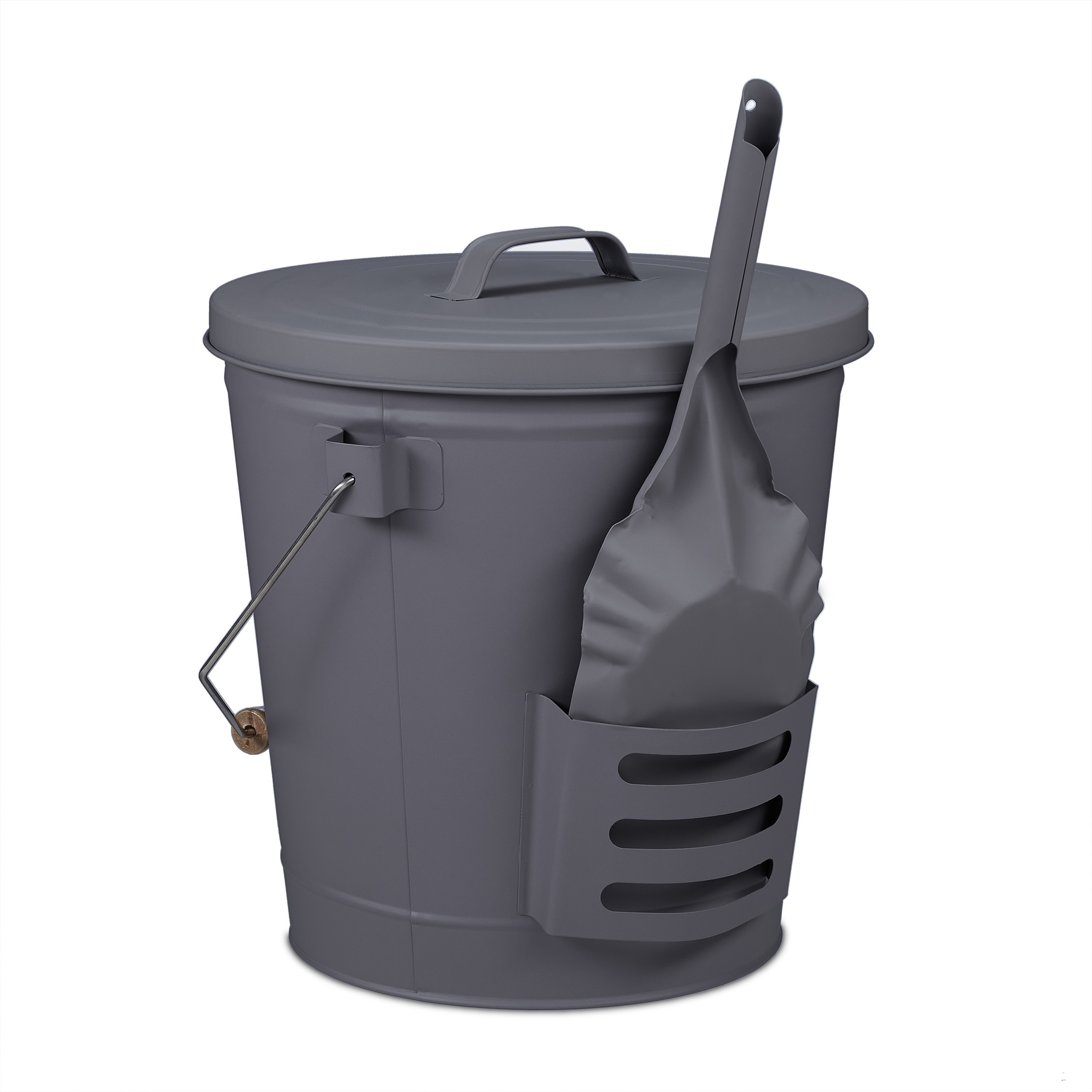 TEMU Kit de limpieza de chimenea con , 19 litros, acero con recubrimiento en polvo, recipiente gris para cenizas de 36 x 35 cm, asa de madera y