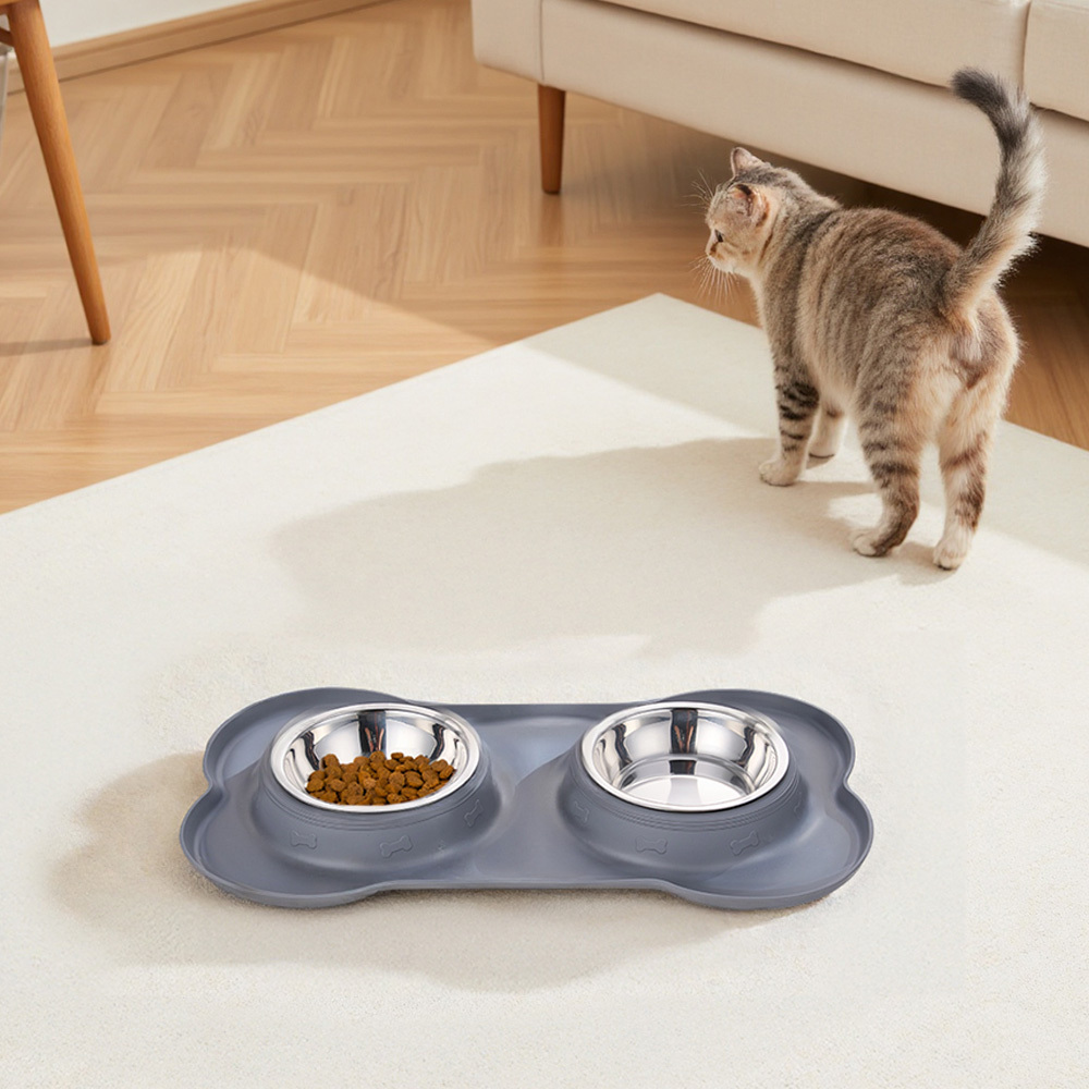 Cat and Dog Bowls, Cat Dog Food Bowls Double Pet Bowl with Non-Spill Mats Tray Food Water Feeding for Puppies Cats 34.5*21*3.5cm