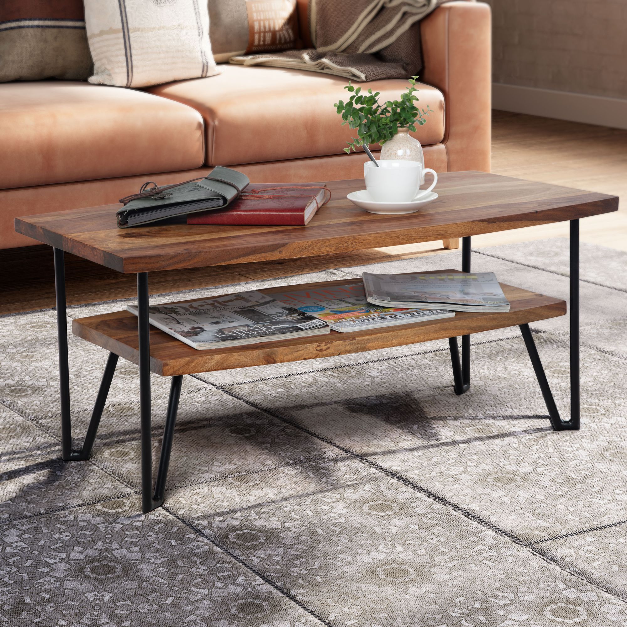 Coffee Table 90x50x40 Cm Solid Wood / Metal, Rectangular Sofa Table, Design Living Room Table With Storage Space, Wooden Table For Living Room, Industrial Four-legged