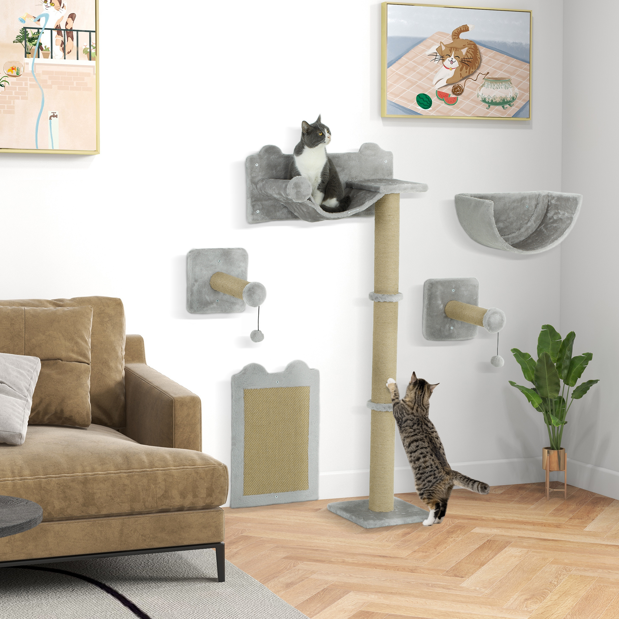 Image of Cat Climbing Wall 5pcs. Climbing Cat Scratching Tree With Scratching Post, Hammock, Jumping Platform, Wall Scratching Tree, Wall Cat Furniture For Cats Up To 5 Kg, Polyester, Light Gray