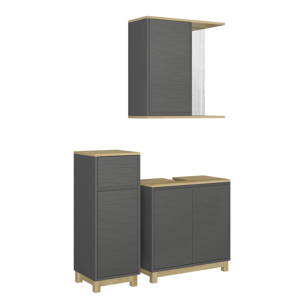 3-piece Bathroom Furniture Set In /oak, Including Mid Cabinet, Under-sink Cabinet, And Bathroom Mirror Cabinet, Mdf, 15 Mm, Bathroom Storage
