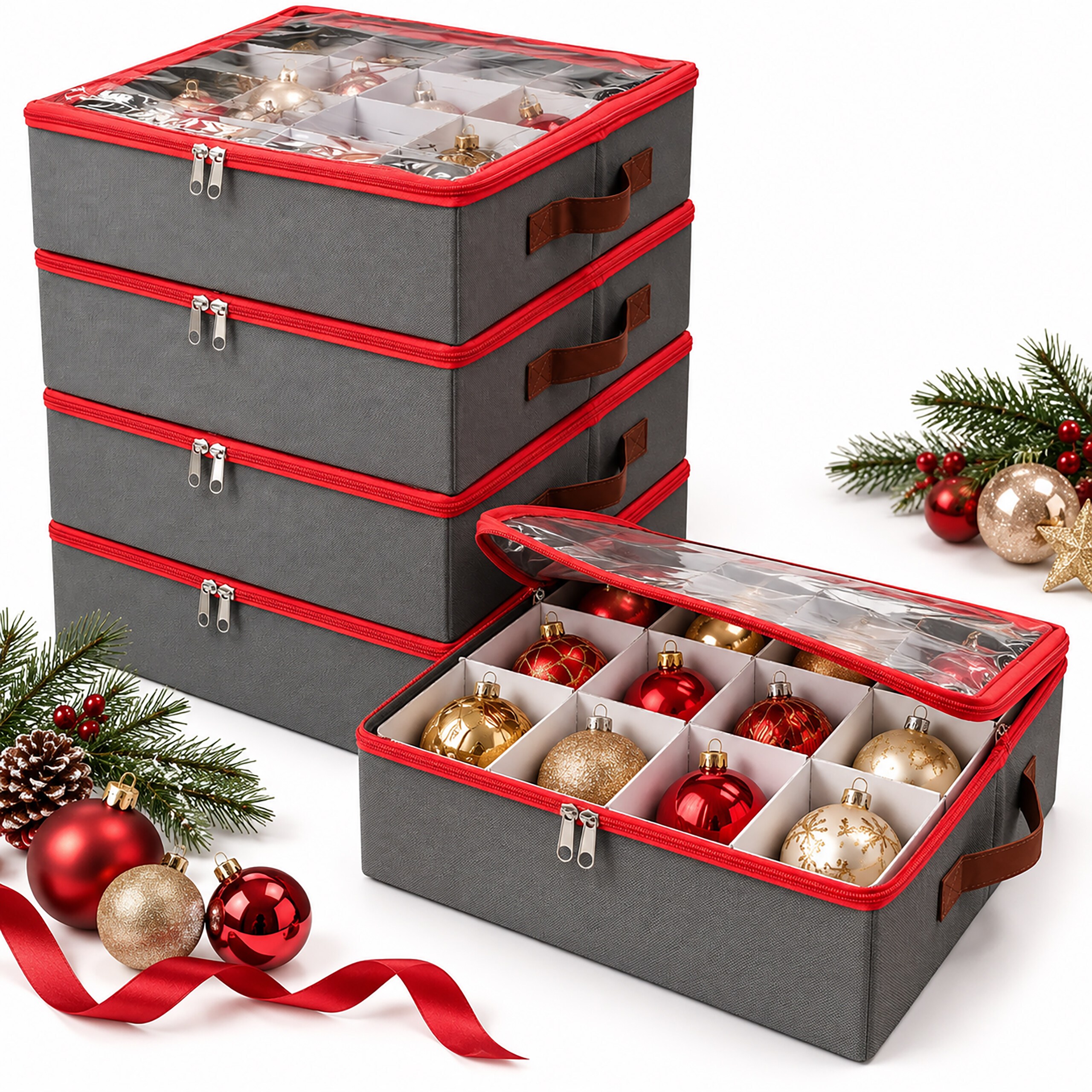 TEMU 4 x Weihnachtskugel-Aufbewahrungsbox in Grau/ Rot - (B)33 x (H)9 x (T)33 cm