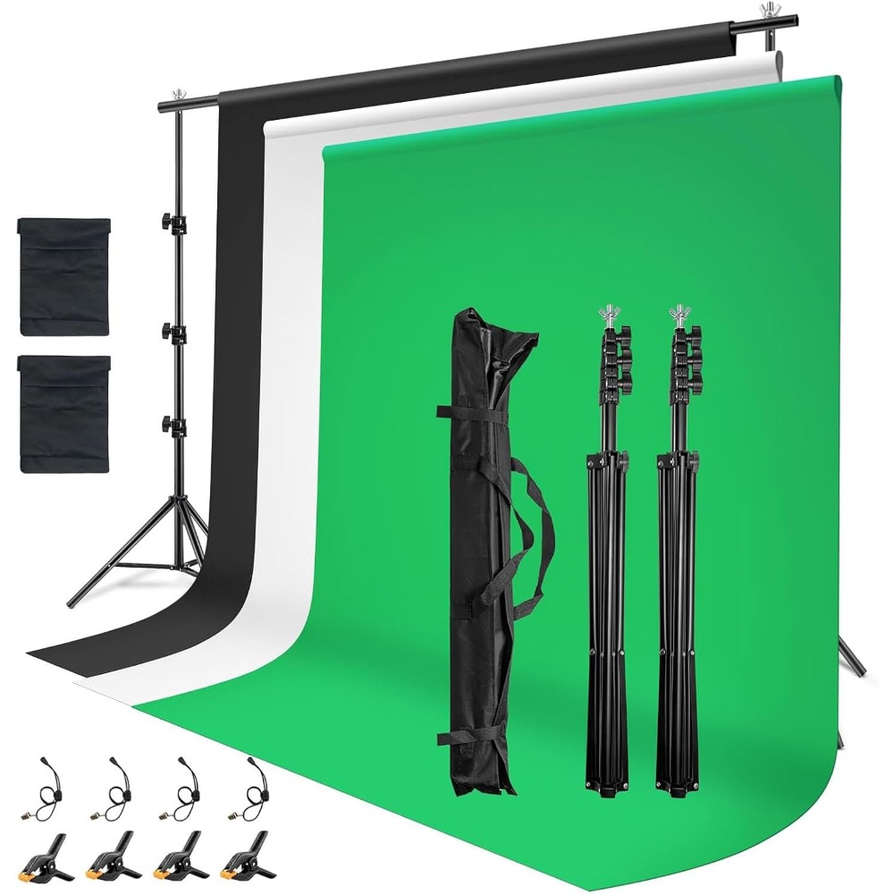 Image of Green Screen Background Set 2.6x3m With Stand - Photo Background System With 3 Fabrics (green, White, Black), Height-adjustable, 4 Clamps, 2 Sandbags & 4 Ropes For Photo And Video Recording