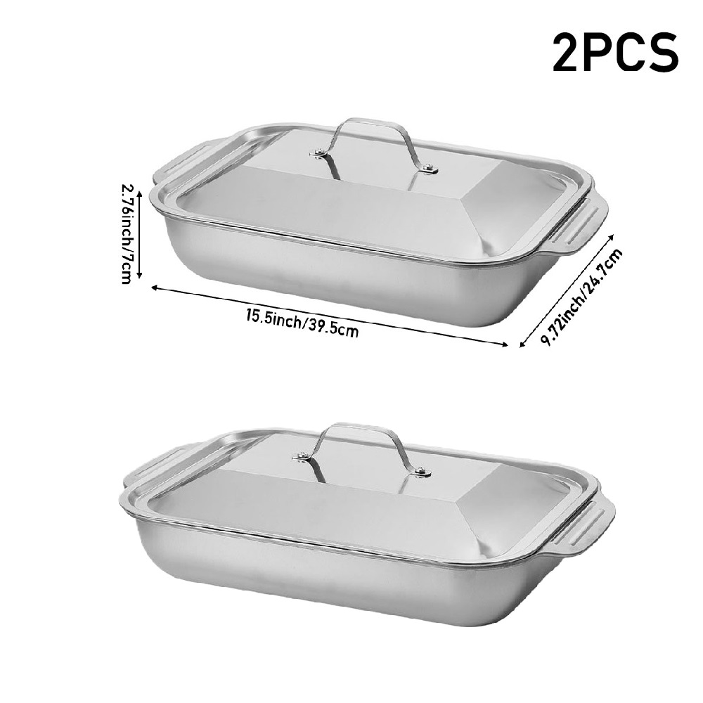 TEMU 2pcs Stainless Steel Baking Pans With Lids, Rectangular Large-capacity Oven Pan, Ideal For Holidays, Parties, Bbqs, Desserts, Seafood, Perfect