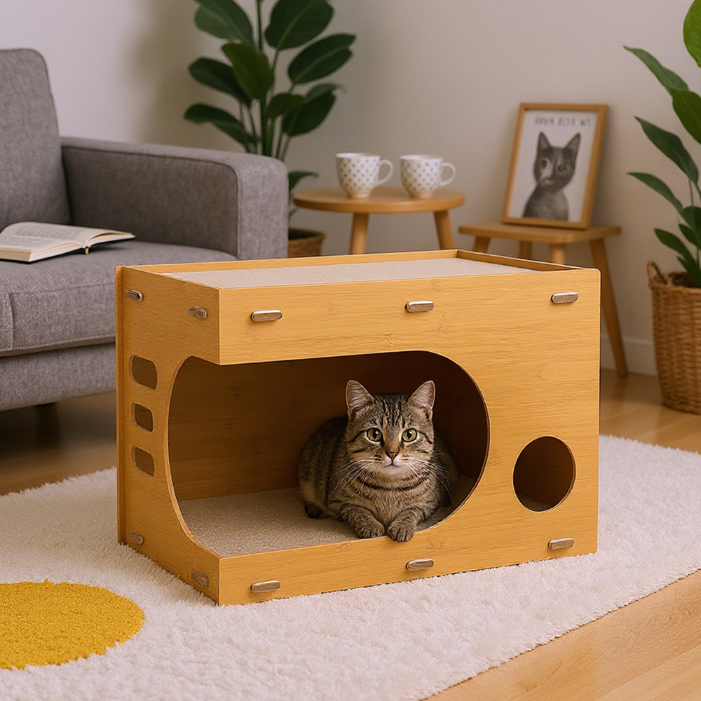 TEMU Cardboard Cat House Scratcher With Fur Pad, Wooden Cat Scratchers For Indoor Cats With Corrugated Cardboard