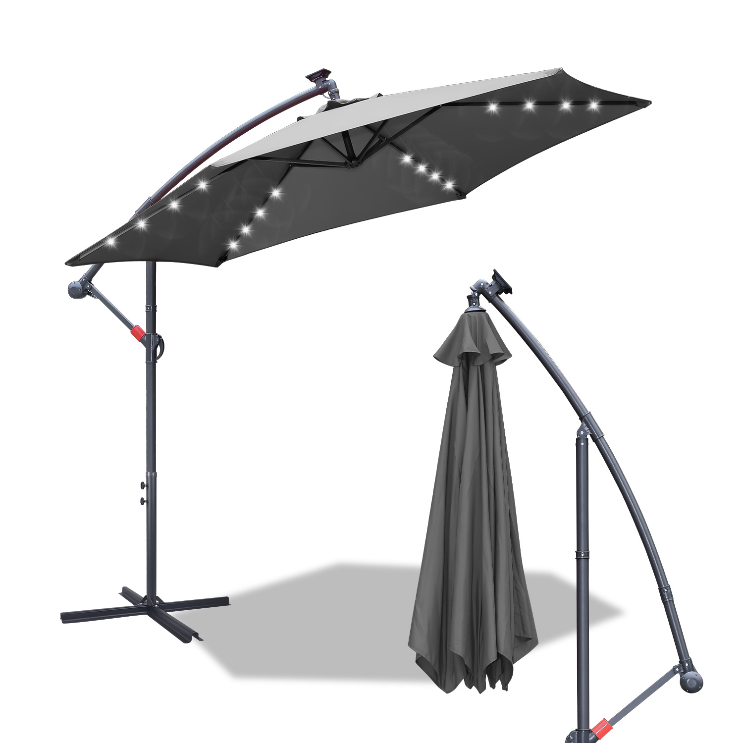 Parasol, parasol cantilever, avec support et lumière, protection solaire, protection UV jusqu'à UV30+, ouverture et fermeture faciles, pour jardin, terrasse, 300 cm