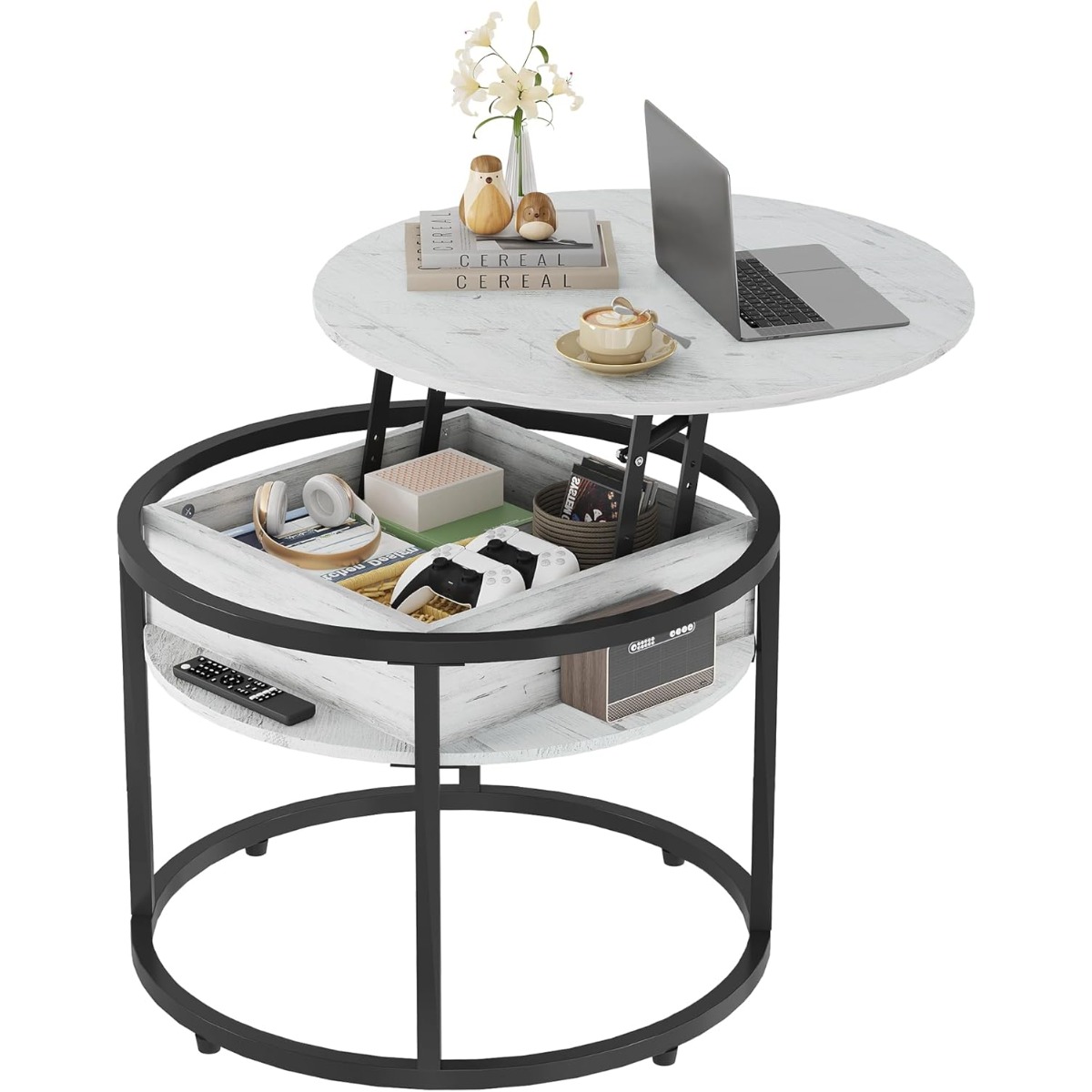 Round Coffee Table With Lifting Plate, Living Room Table Height Adjustable With Storage Space, Coffee Table For Living Room, Balcony And Office, 68 Diameter/60 Diameter