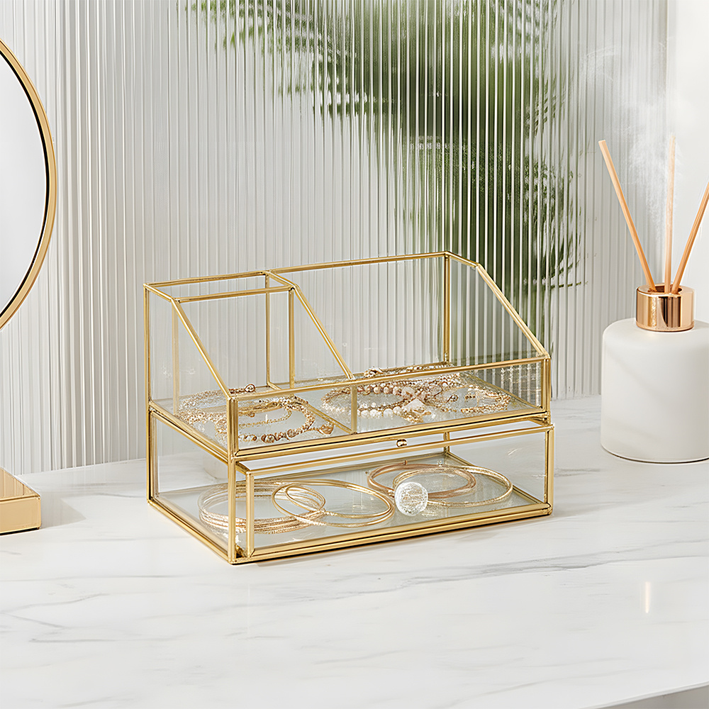 Double Layer Cosmetics Jewelry Box with Earring Organizer