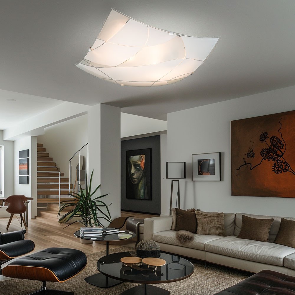 Image of Glass Ceiling Lamp Ceiling Light E27 Socket 2-flame Ceiling Lamp White Angular, Chrome Satin, Decorative Lines, 2x E27, Lxbxh 30x30x8.5 Cm