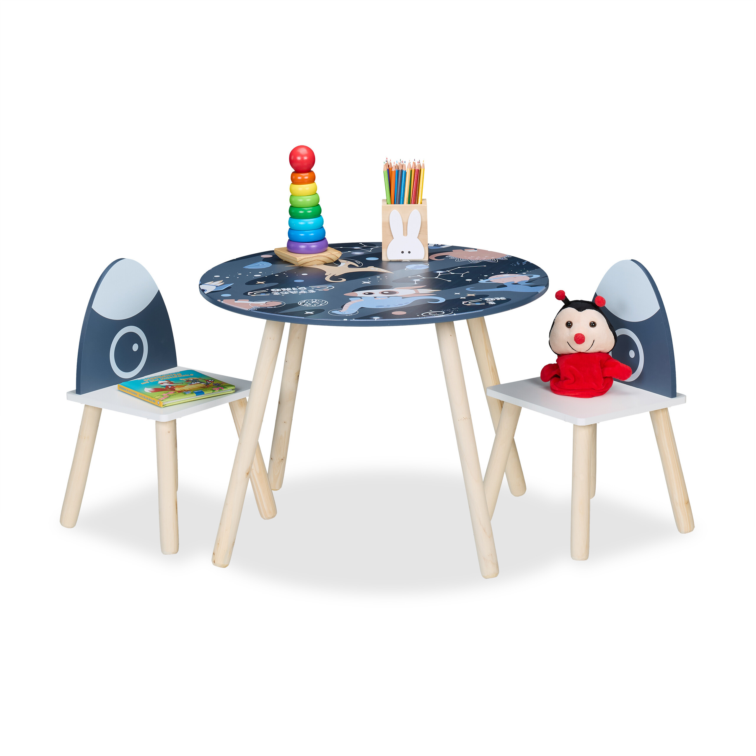 TEMU Tavolo e sedie per bambini , set 3 pezzi, tavolo con 2 sedie, MDF e legno di pino, tavolo 60 x 44.5 cm, sedie 46 x 28 x 28 cm, altezza seduta