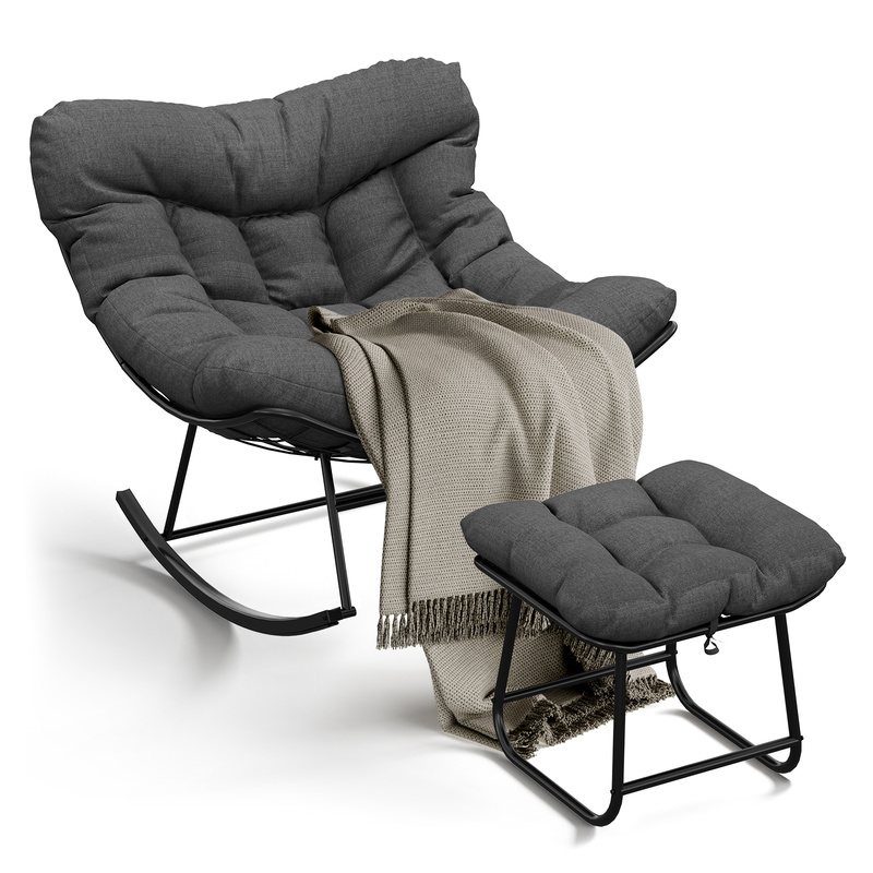 Oversized Outdoor Egg-shaped Rocking Chair With Footrest – Thick Cushioned Metal Patio Lounge Chair, Perfect For Garden, Porch, Or Living Room – Black Plastic Spray + Gray Staple Cloth