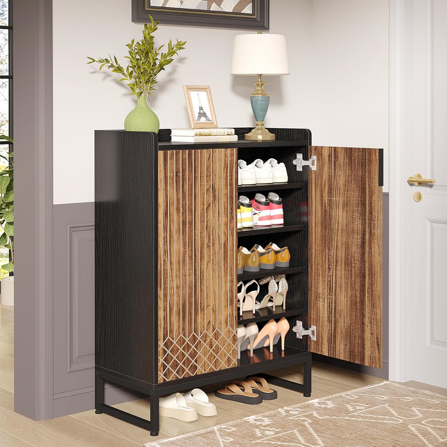 Image of Vintage Shoe Cabinet With 2 Doors, 73 X 35 X 105 Cm, Shoe Rack For 25 Pairs, Shoe Cabinet With Metal Frame, Narrow Shoe Cabinet, Modern Shoe Organizer Storage For Living Room, Bedroom, Hallway, Closet