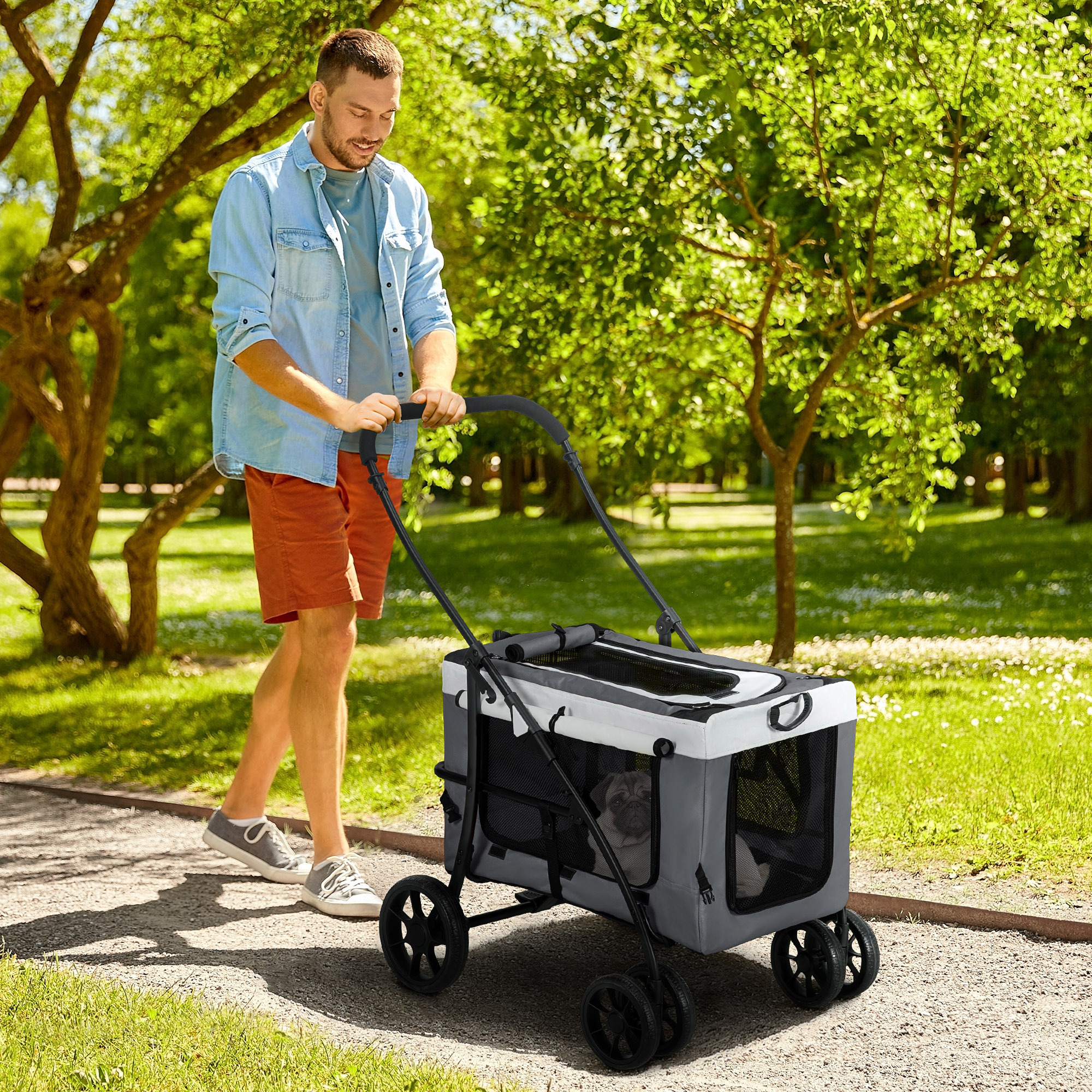 2-in-1 Foldable Dog Stroller & Cat Buggy For Up To 10 Kg, With Cushion, Mesh Windows, Doors, Storage Basket, Gray
