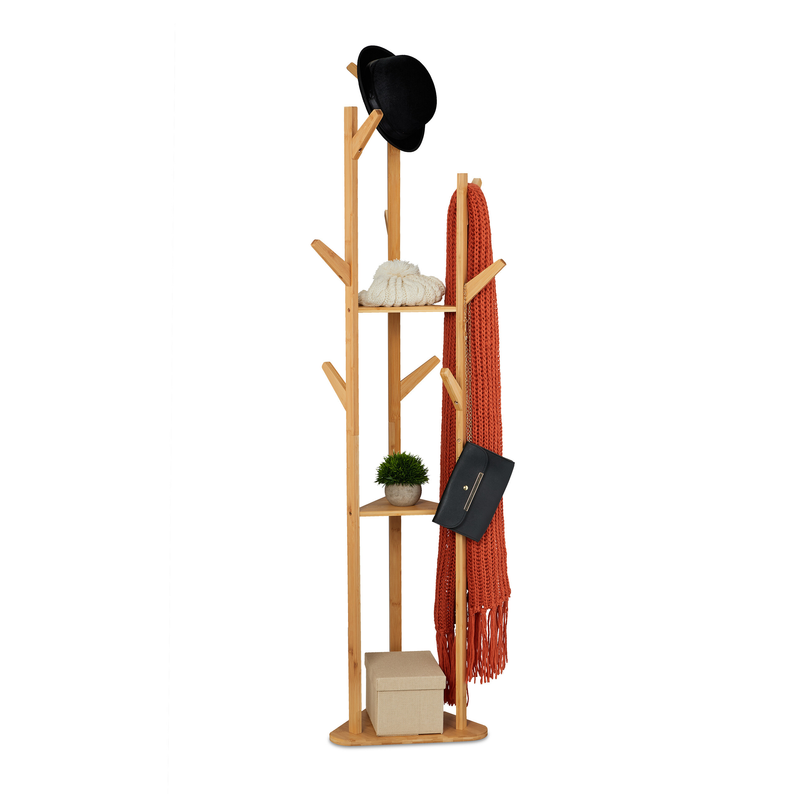 Image of Triangular Clothes Racks, 9 Hooks, 2 Shelves, 168.5 Cm, Bamboo, Natural, Freestanding, For Hallway, Bedroom, Office, And Children's Room, Wardrobe Stand, Clothes Stand, Coat Rack, Relaxdays.