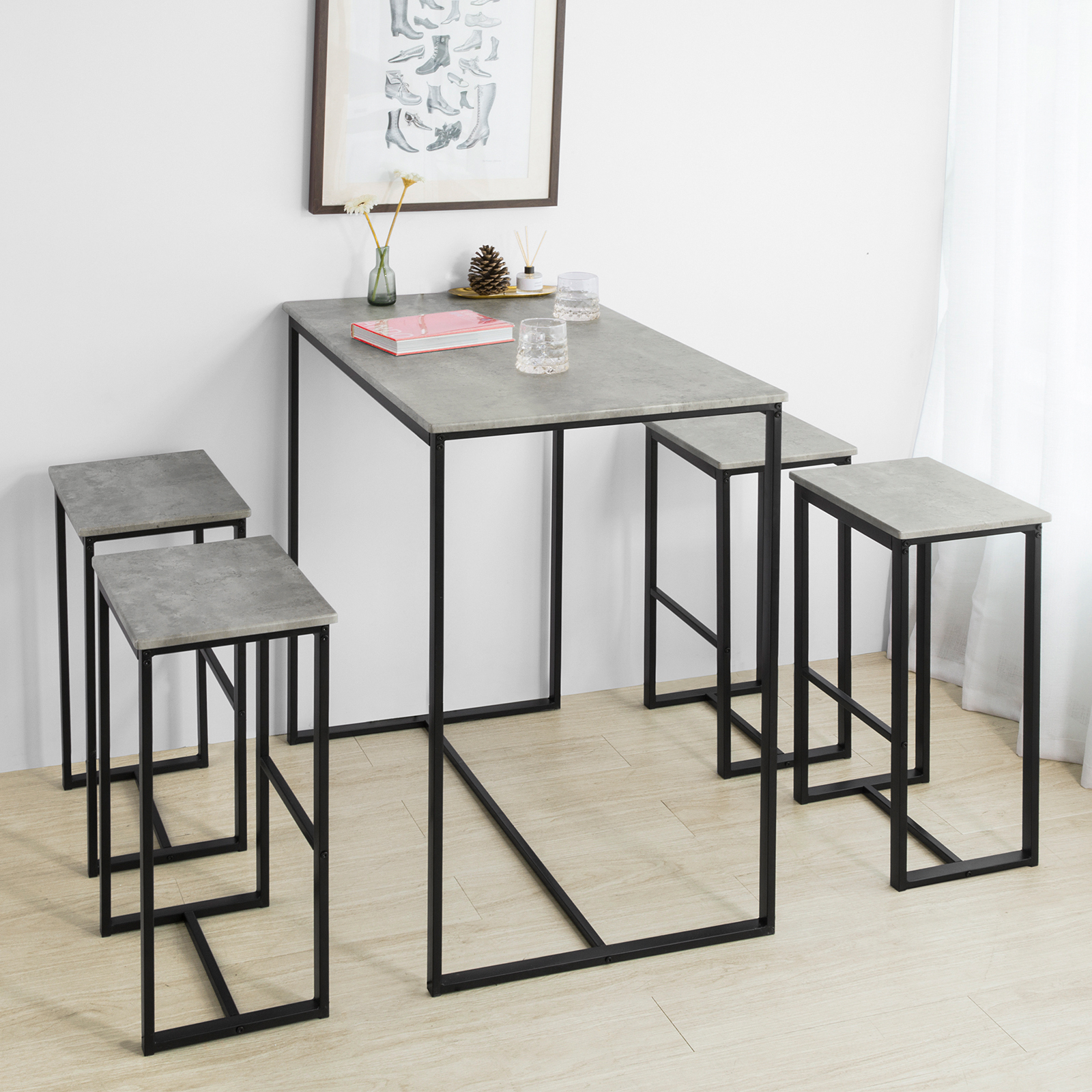 TEMU Wooden Metal Dining Table With 4 Bar Stools In Gray And Black