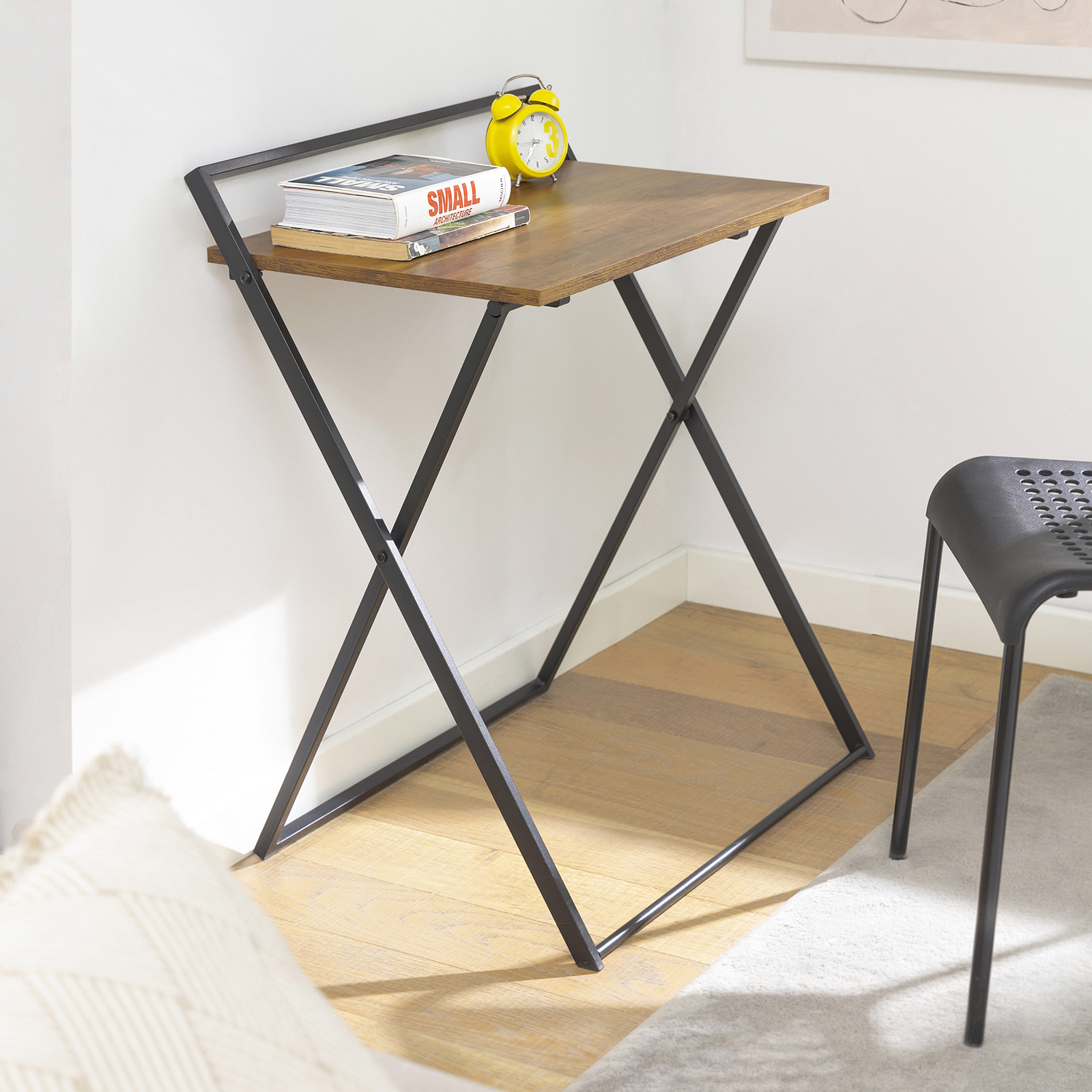 1 Piece Folding Table, Desk, Computer Desk, Work Table With Foldable Tabletop, Space- Side Table For Home Office, Living Room, Bedroom, Small Spaces, Natural Black, 63x77x45 Cm, Sobuy - Gxu99-g