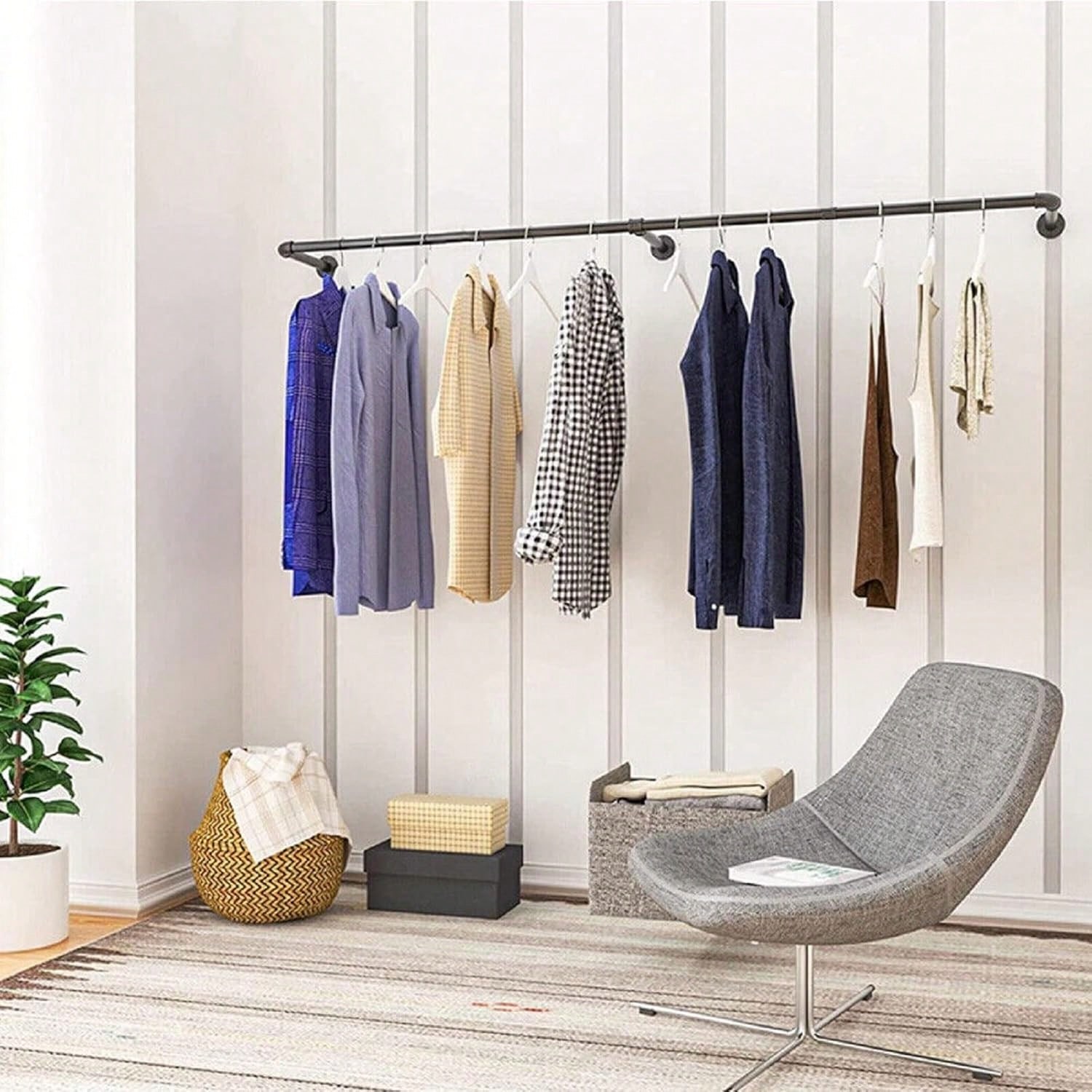 Image of Wall-mounted Clothes Rack 200cm Pipe Clothes Rack Industrial Style Wall Hanger Removable Metal Clothes Rails Rail Bedroom For Living Room Bedroom