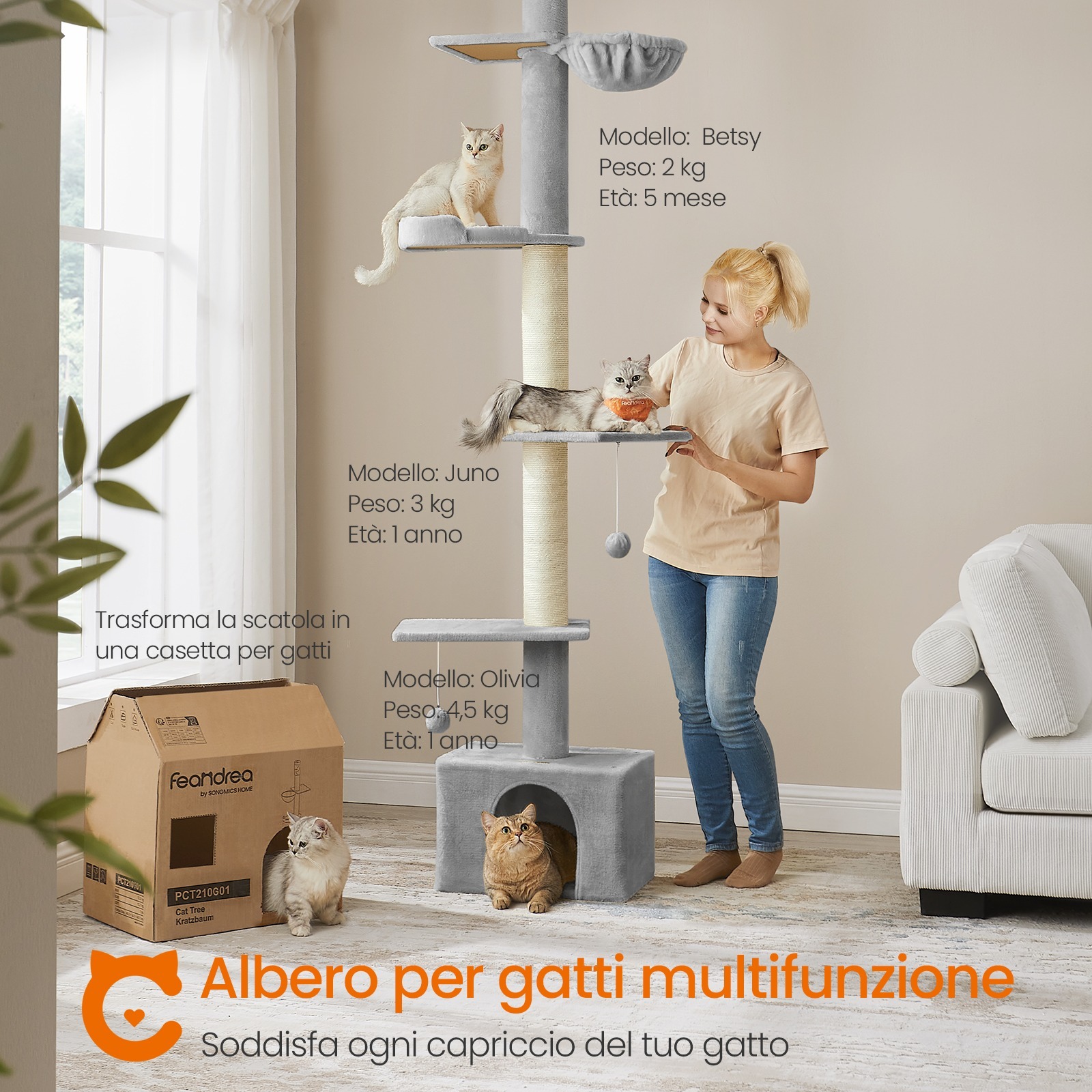 

Feandrea Cat Tree, Adjustable Height Scratching Post 231-291 Cm, Multi-level With Scratching Posts Dia. 11 Cm, Hammock, Platform