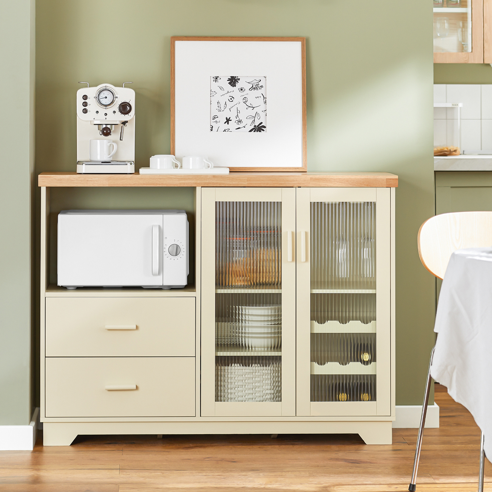 Image of 1pc Buffet Kitchen With Microwave Space And Bottle Rack Kitchen Cabinet 120 Cm With Glass Doors Furniture For Living Room, Dining Room Or Entrance 120x90x40cm Beige Fsb81-mi - Gtc92-nj