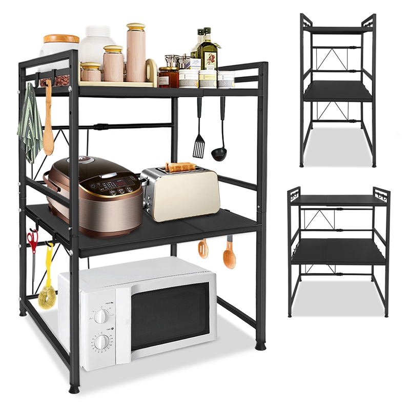 

Three-tier Expandable Microwave Oven Stand With 8 Hooks - Black Kitchen Rack For Storage, Baking, And Countertop Organization