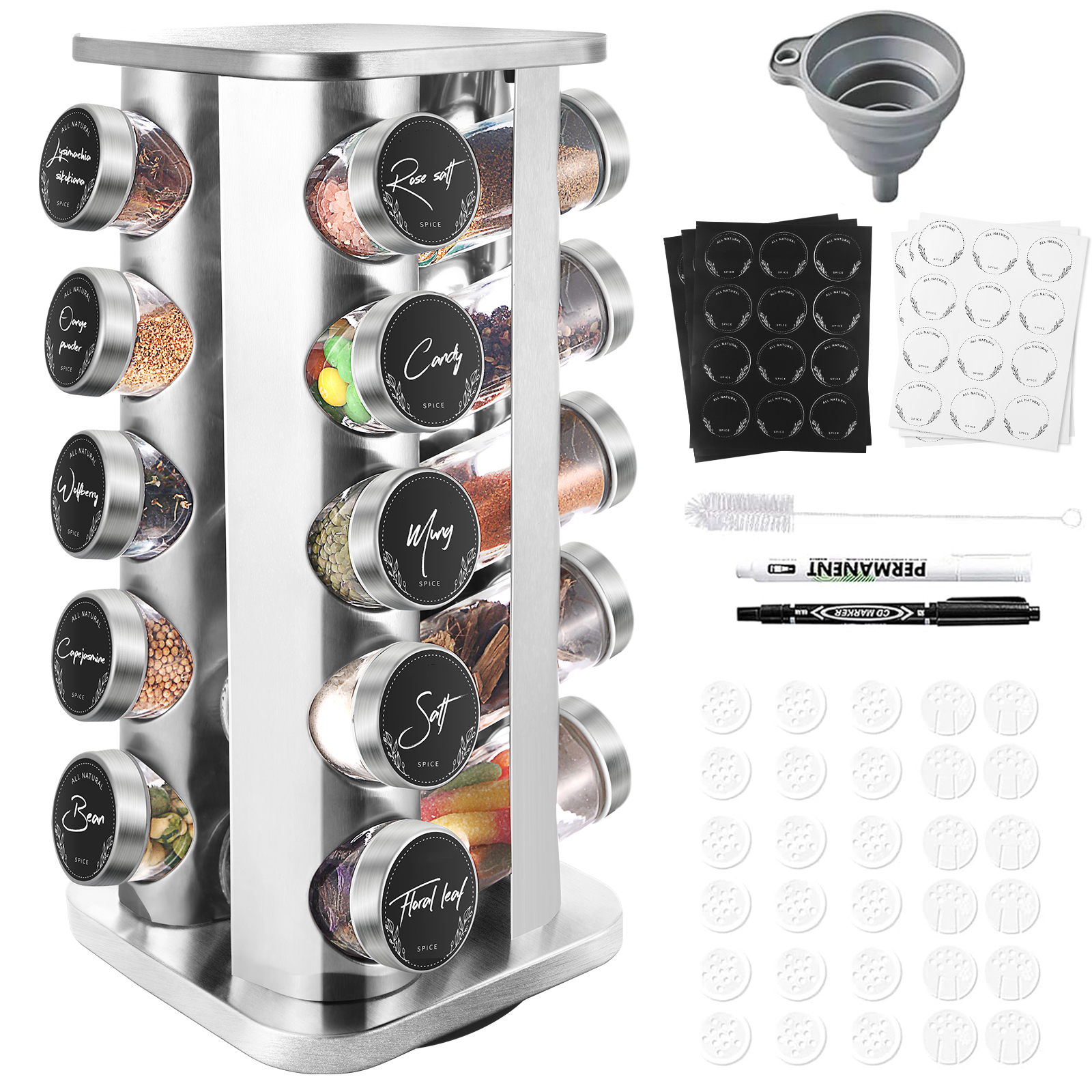 

Miorkly Square Spice Rack With 20 Spice Jars, 360 Rotatable Stainless Steel Spice Carousel, Spice Organizer, Spice Stand Standing, Spice Jars With Sprinkler Insert, Funnel, Label And Pen