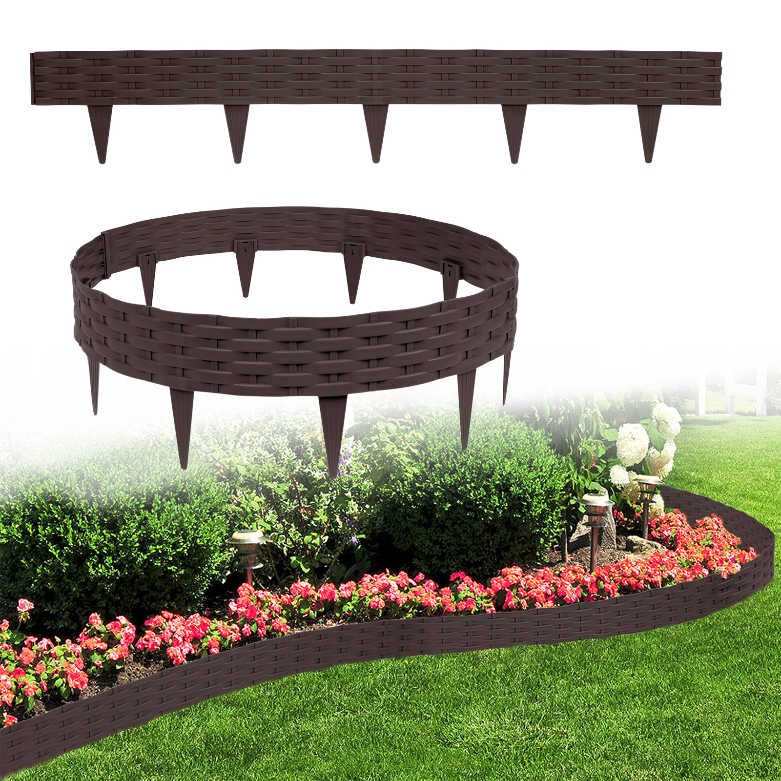 

Flexible Plastic Garden Edging Fence, 5/10 Meter Roll For Lawns And Flower Beds, Uv Resistant And Weatherproof With Ground Stakes, Cm Sections In , Brown, And Gray