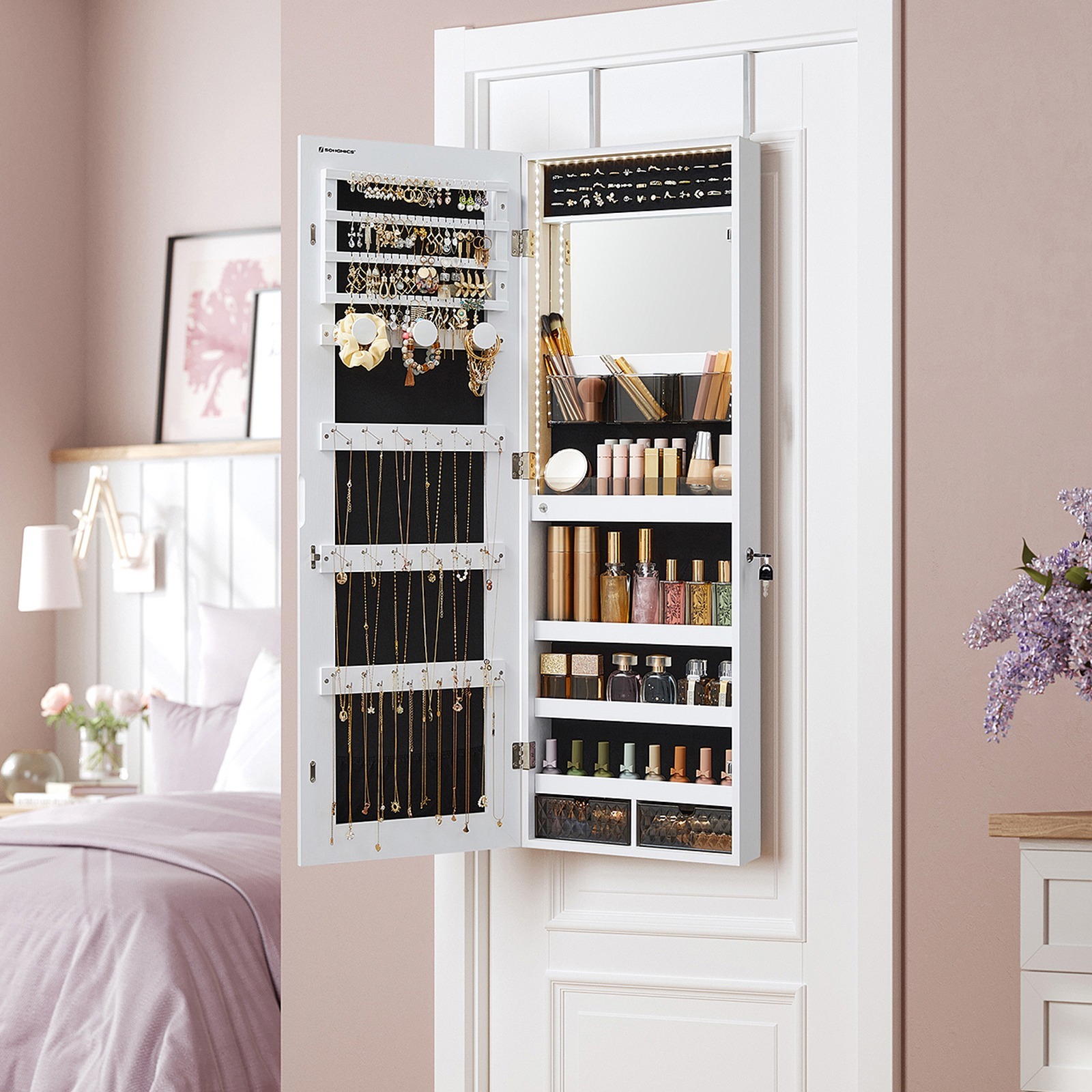 TEMU Armoire à Bijoux Murale, Organisateur avec LED, Placard de Rangement, avec Cadre, de Maquillage Intégré, 2 Tiroirs, Verrouillable,Cadeaux pour