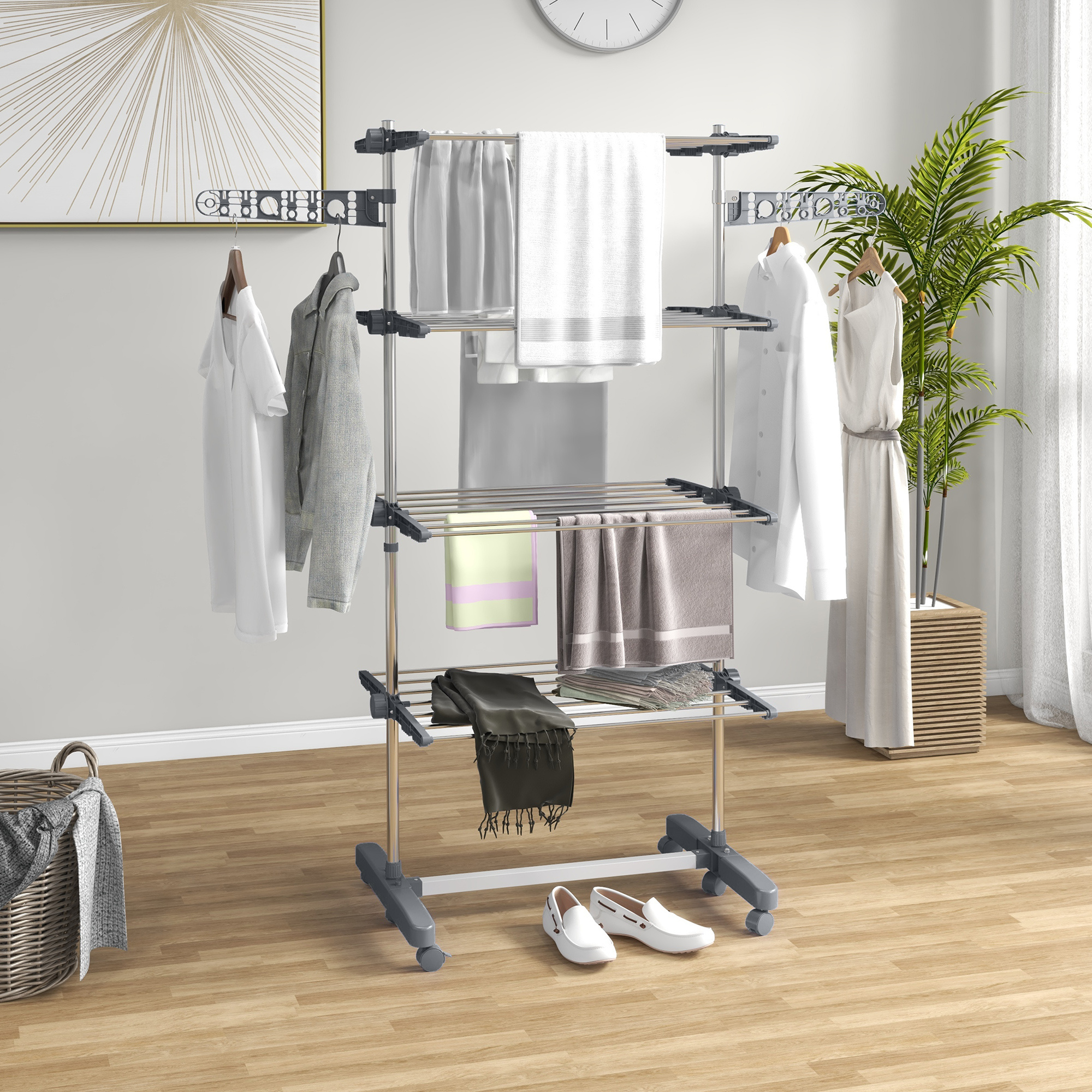Image of Clothes Drying Rack Tower With 4 Tiers, Folding Wings, Wheels, Indoor And Outdoor Tower Drying Rack, 142 X 55 X 172 Cm, Grey