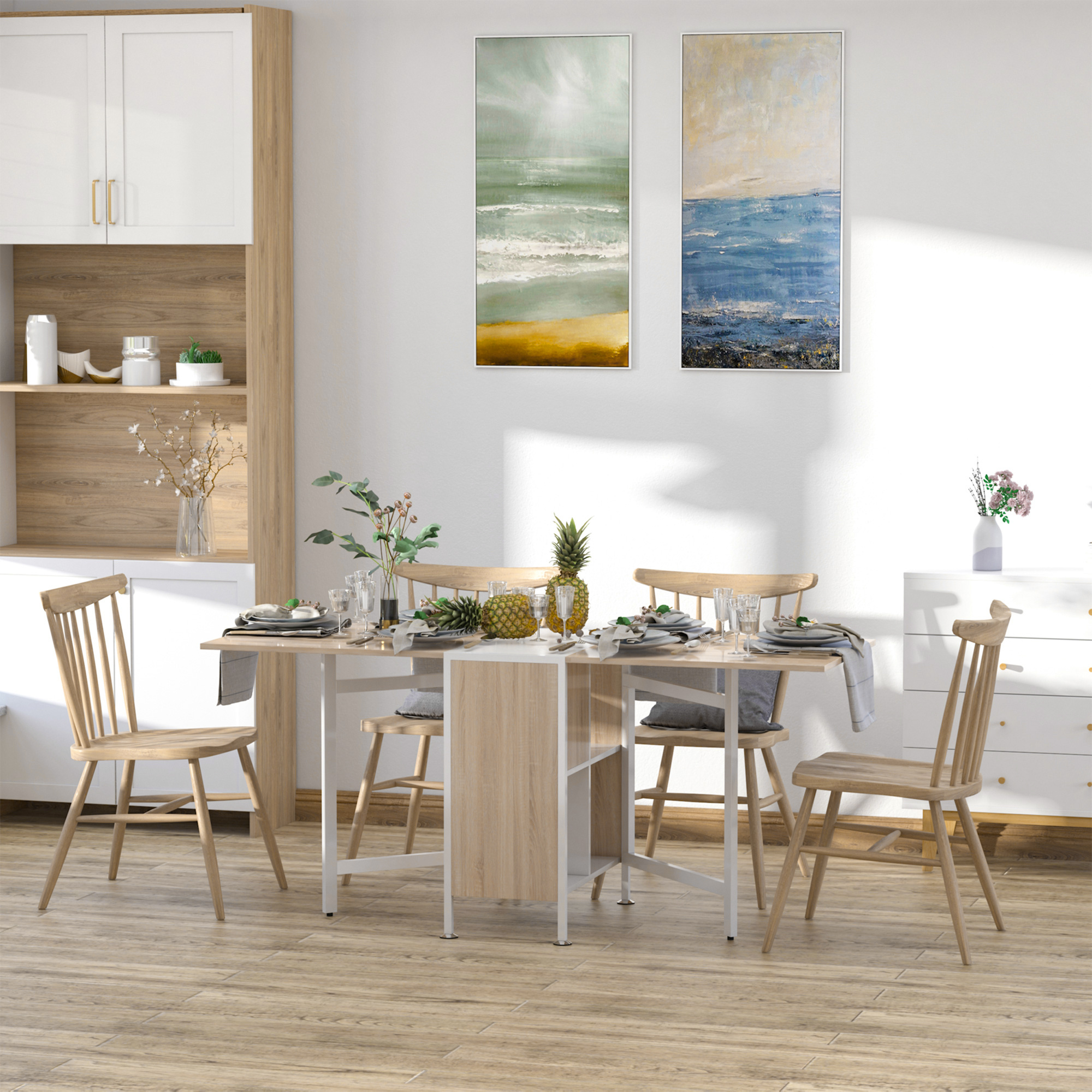 Folding Dining Table With Open Storage, Space- Folding Table Dining Table For Small Rooms, Dining Room, Kitchen 169 X 60 X 75 Cm Natural + White
