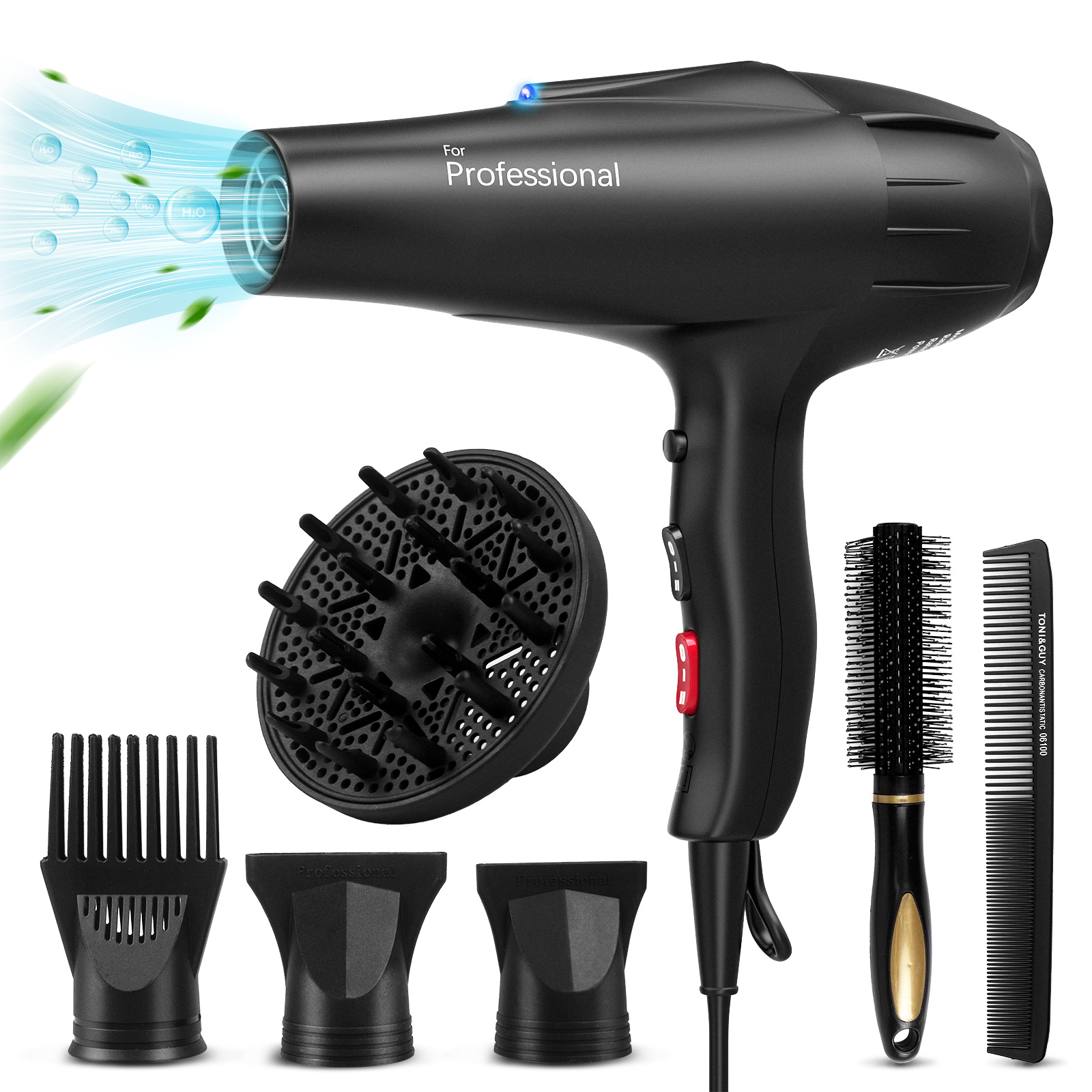 

Föhn 2500w Professional Hair Dryer Hair Dryer Hair Blower With 6 Attachments (1 Diffuser 3 Styling Nozzles 2 Combs), 3 Heat 2 Fan Settings & Hot/cold Button, Hair Dryer-3 Meter Long Power Cord