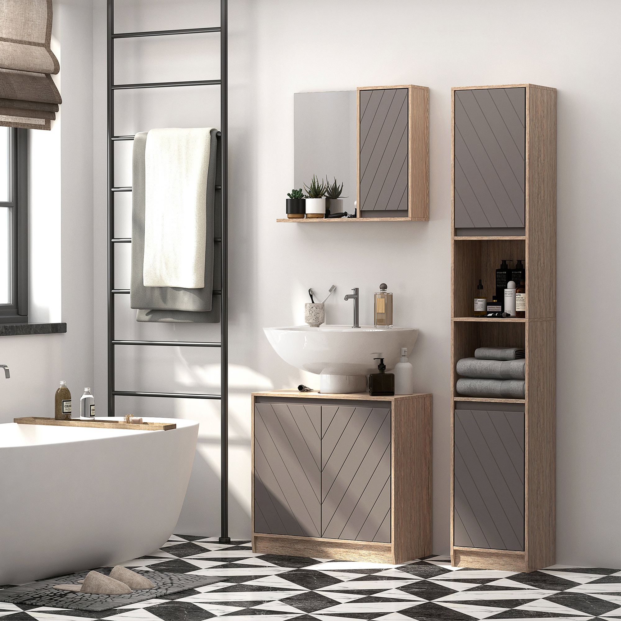 Image of Homcom Bathroom Vanity Unit - Sink Cabinet - 2-door Closet With Shelf - Dim. 60l X 30w X 59.8h Cm - Light Gray Oak Particleboard, Freestanding Bathroom Furniture With Adjustable Shelf