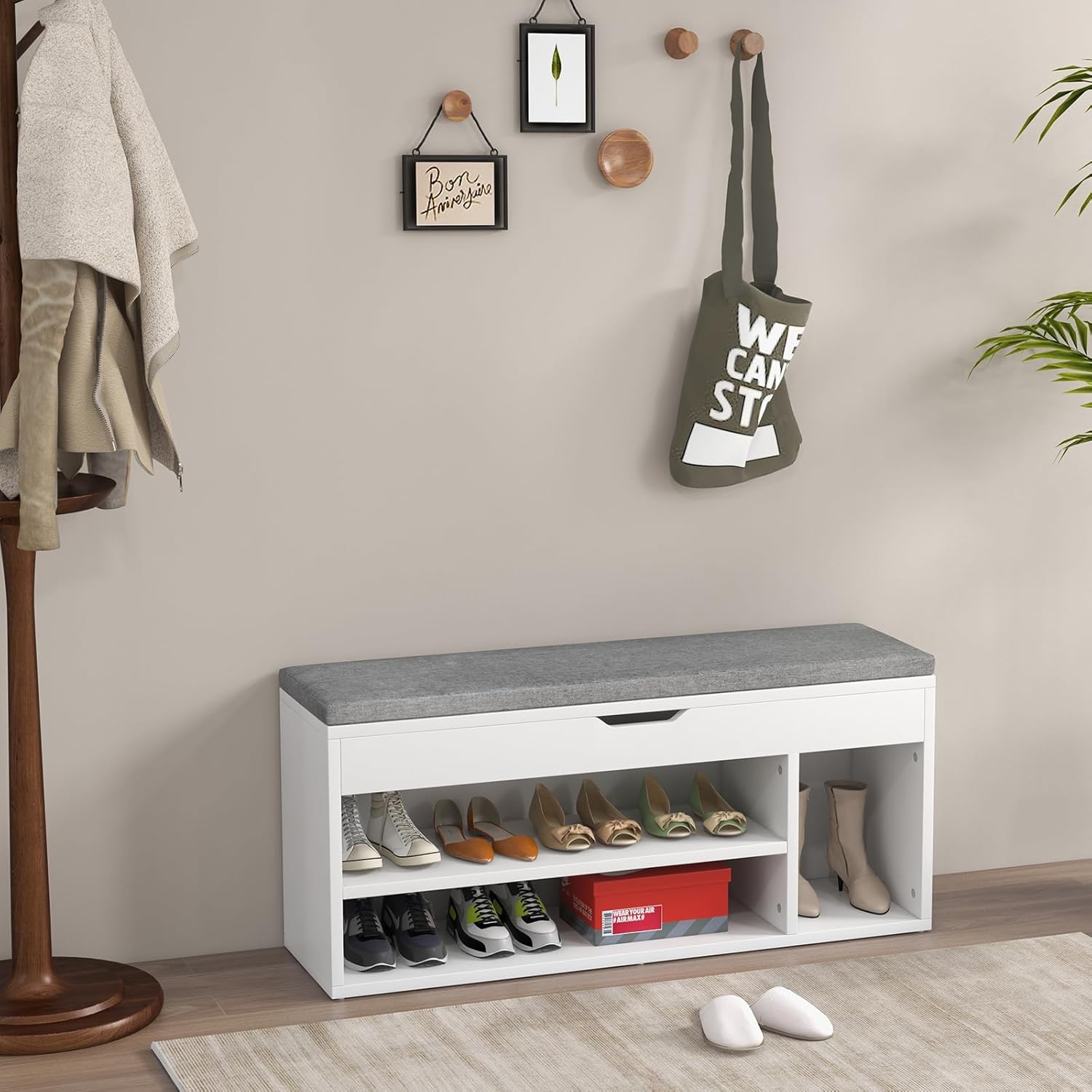 Shoe Bench With Seat And Storage, 104 X 30 X 48 Cm, Gray Wooden Shoe Rack Wardrobe Bench