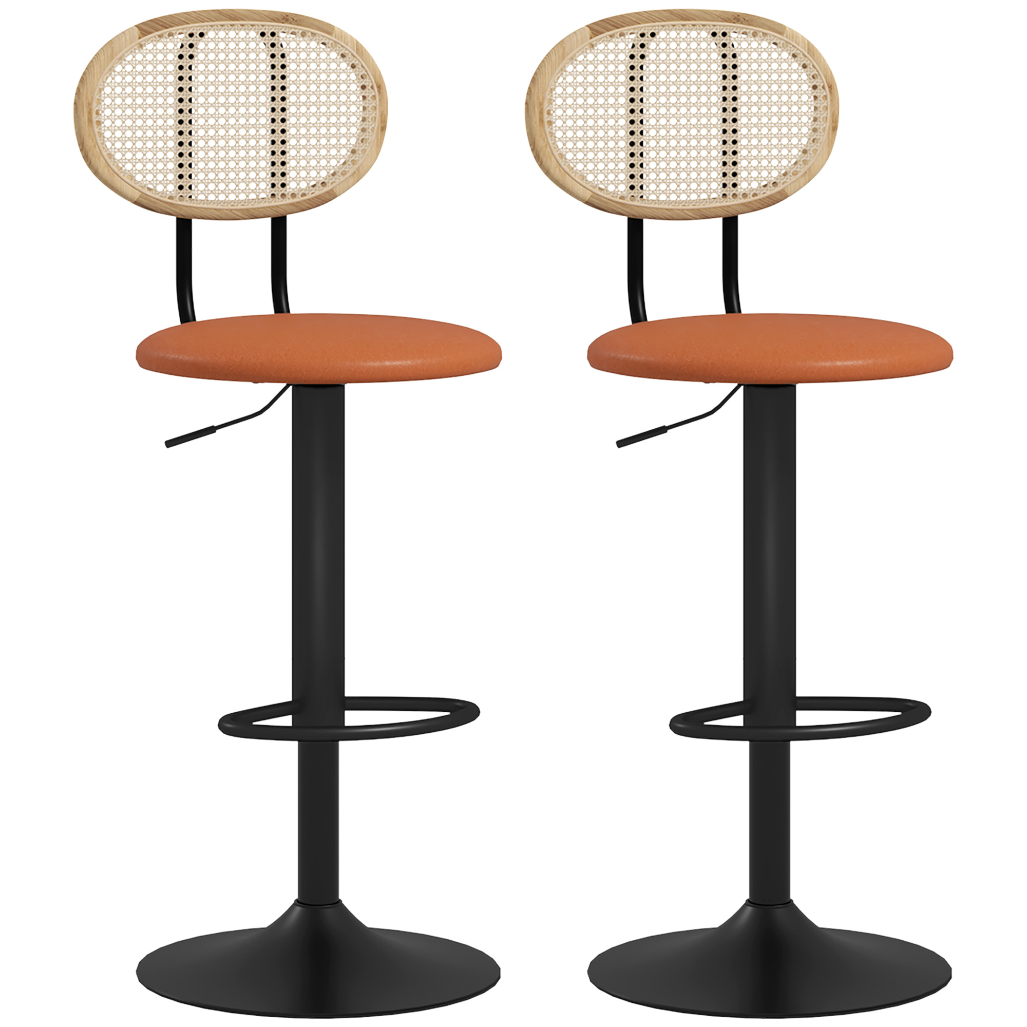 Image of Homcom Set Of 2 Adjustable Height Bar Stools With Backrest, Rattan Seat, And Footrest, Modern Counter Height Stool, Brown Synthetic-coated Wood Frame