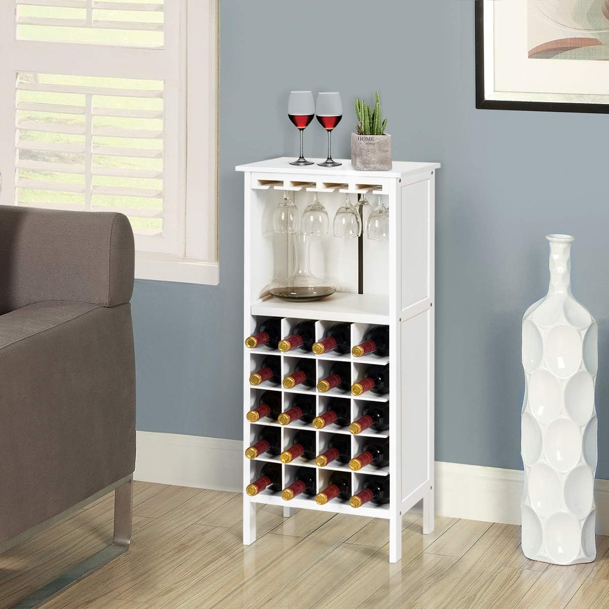 Image of Wine Rack For 20 Bottles, Wooden Wine Rack, Bottle Rack With Glass Holder, Wine Stand, Glass Rack For Kitchen, Bar, Bottle Stand 42 X 24.5 X 96 Cm White