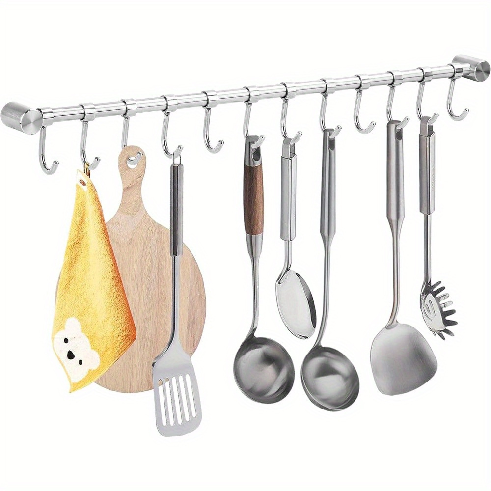 TEMU Utensil Rack Stainless Steel Wall Mounted Utensil Hooks With 12 Removable Hooks Kitchen Utensils Holder Utensil Hanging Rack Rail 52cm (15.6")