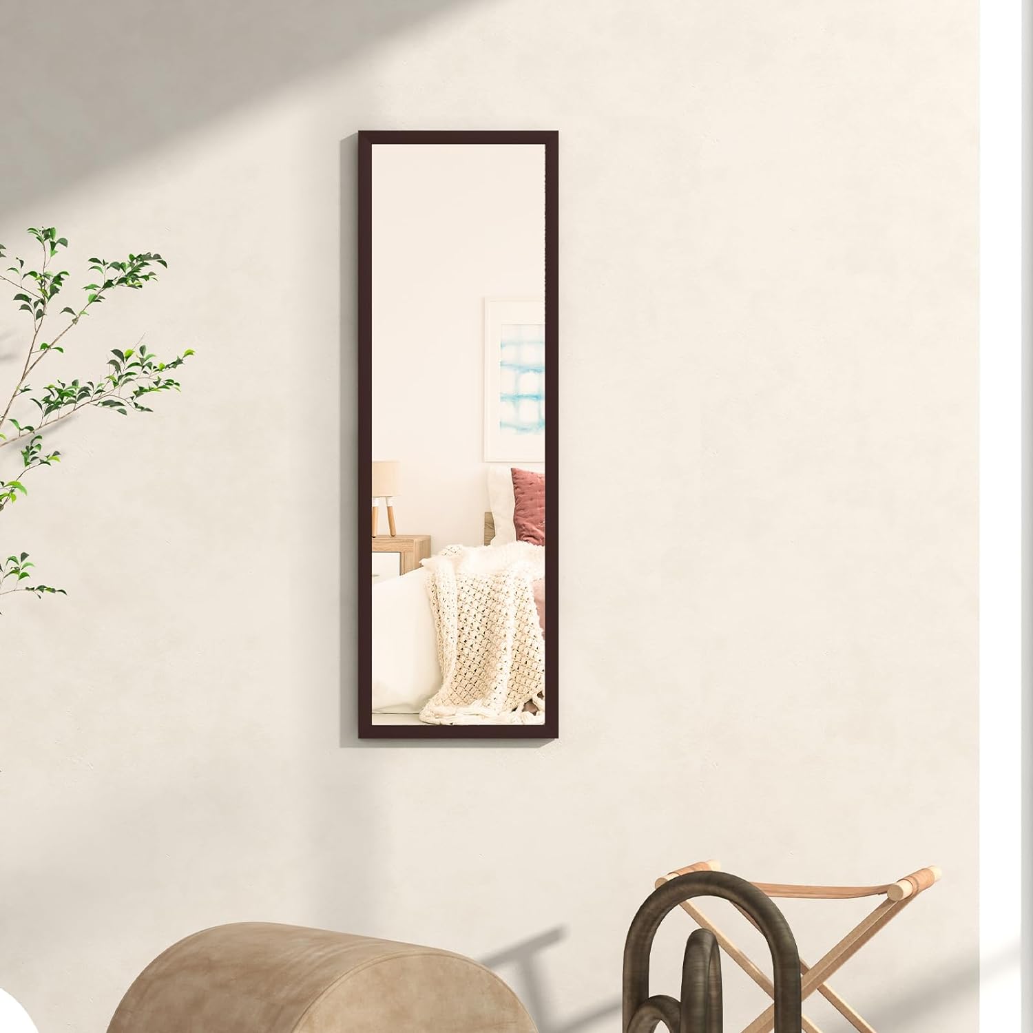 Image of Wall Mirror Door Mirror Hanging Mirror Full Body Mirror With Height Adjustable Hanging Hooks, Mirror For Bedroom, Living Room And Entrance Area 107x36.5cm Brown