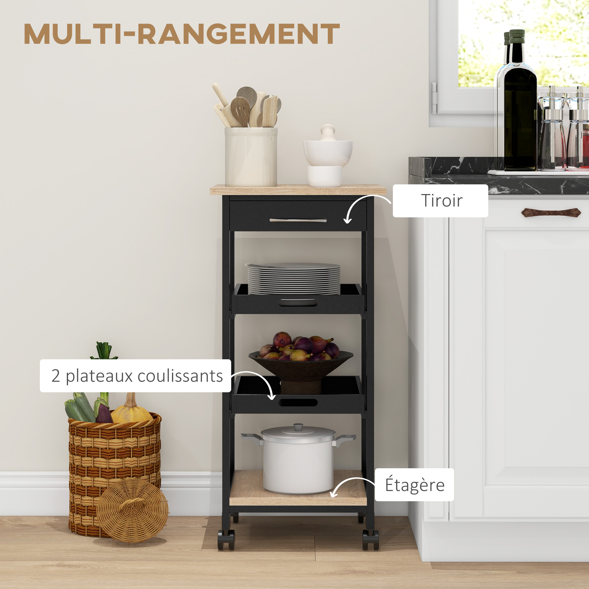 TEMU Carrello per servizio da cucina HOMCOM con ruote, 2 vassoi rimovibili, , ripiano in legno chiaro di , legno di