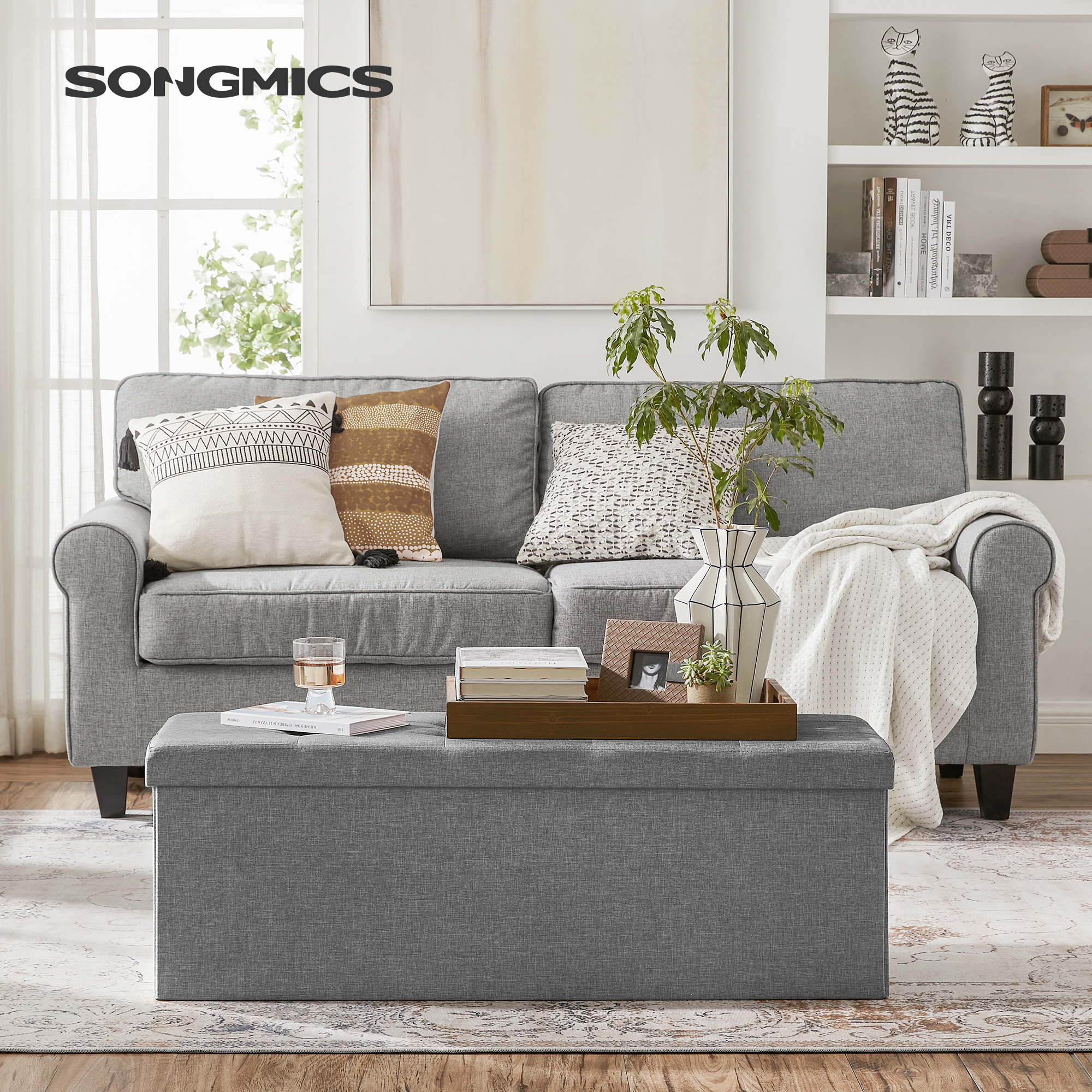 

SONGMICS Banc Coffre de Rangement Pouf Pliable Grand pour 3 Personnes Tissu en Lin 110 x 38 x 38 cm