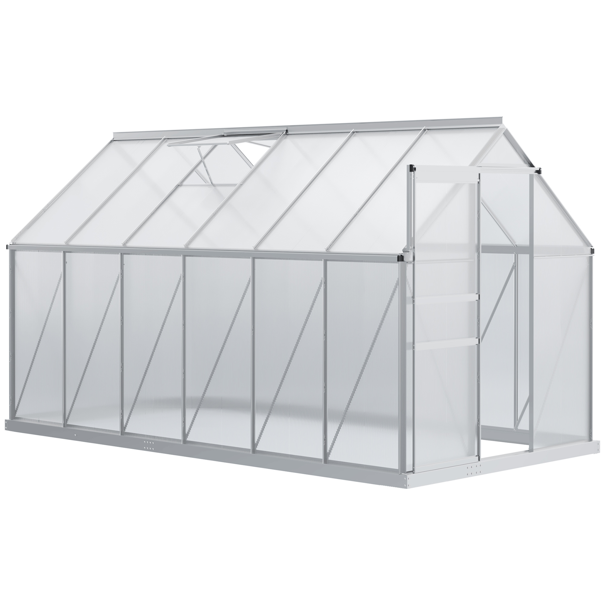 TEMU Invernadero de jardín Outsunny de policarbonato, 7.1 m², 1.9 ancho x 3.75 largo x 1.99 , con base, ajustable, puerta corredera - Plateado y