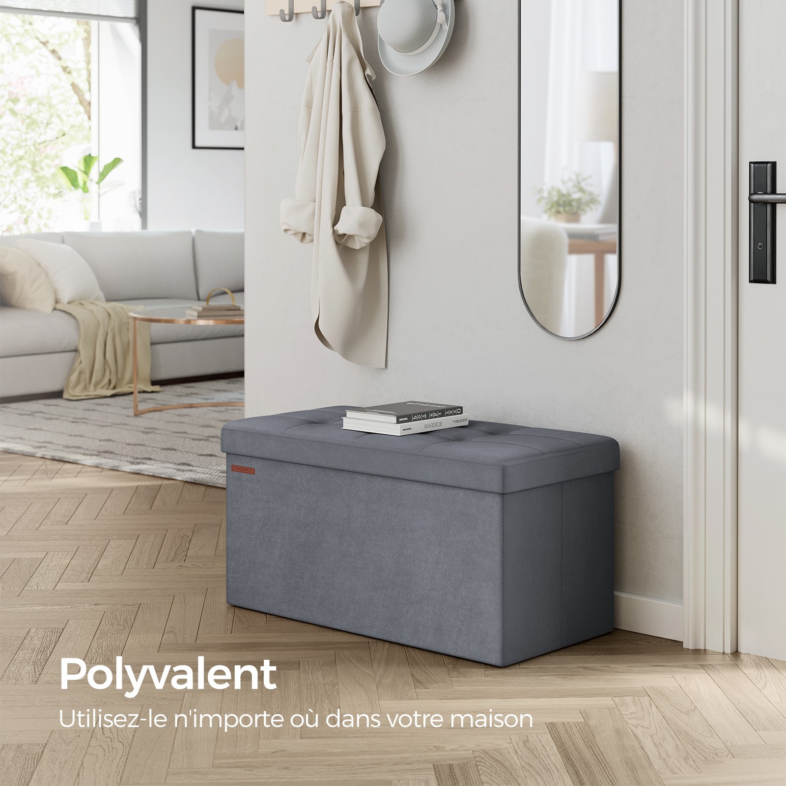 

SONGMICS Banc de Rangement, Pouf en Velours, avec Couvercle, avec 2 Boîtes, 38 x 76 x 38 cm, de Charge 300 kg, pour Couloir, Salon, Chambre