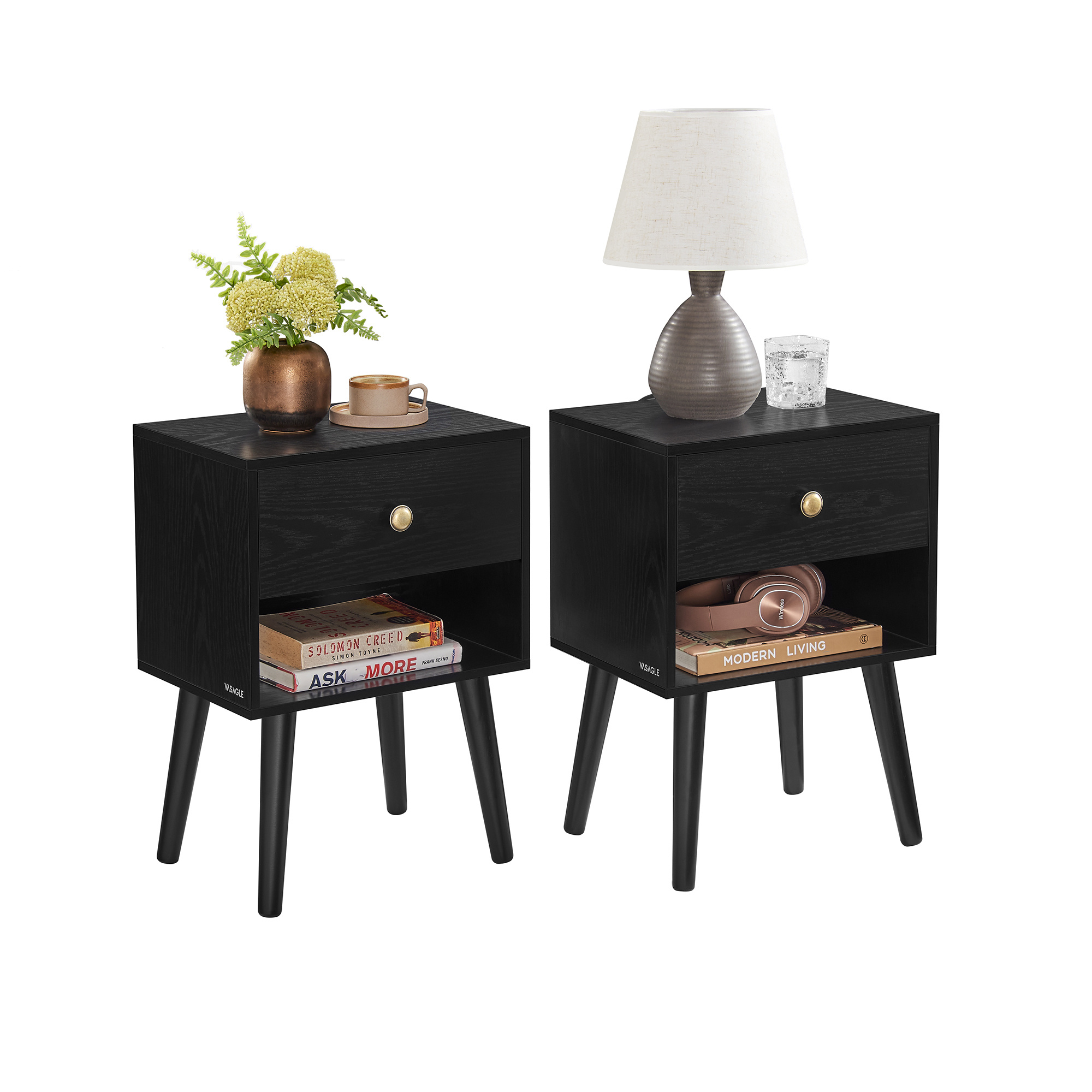 E-shop Nachtisch, seitlicher Tisch mit Schublade und offener Ablage, Holzbeinen, Couchtisch für Wohnzimmer, Schlafzimmer, Sofa, Aufbewahrungsschubladen