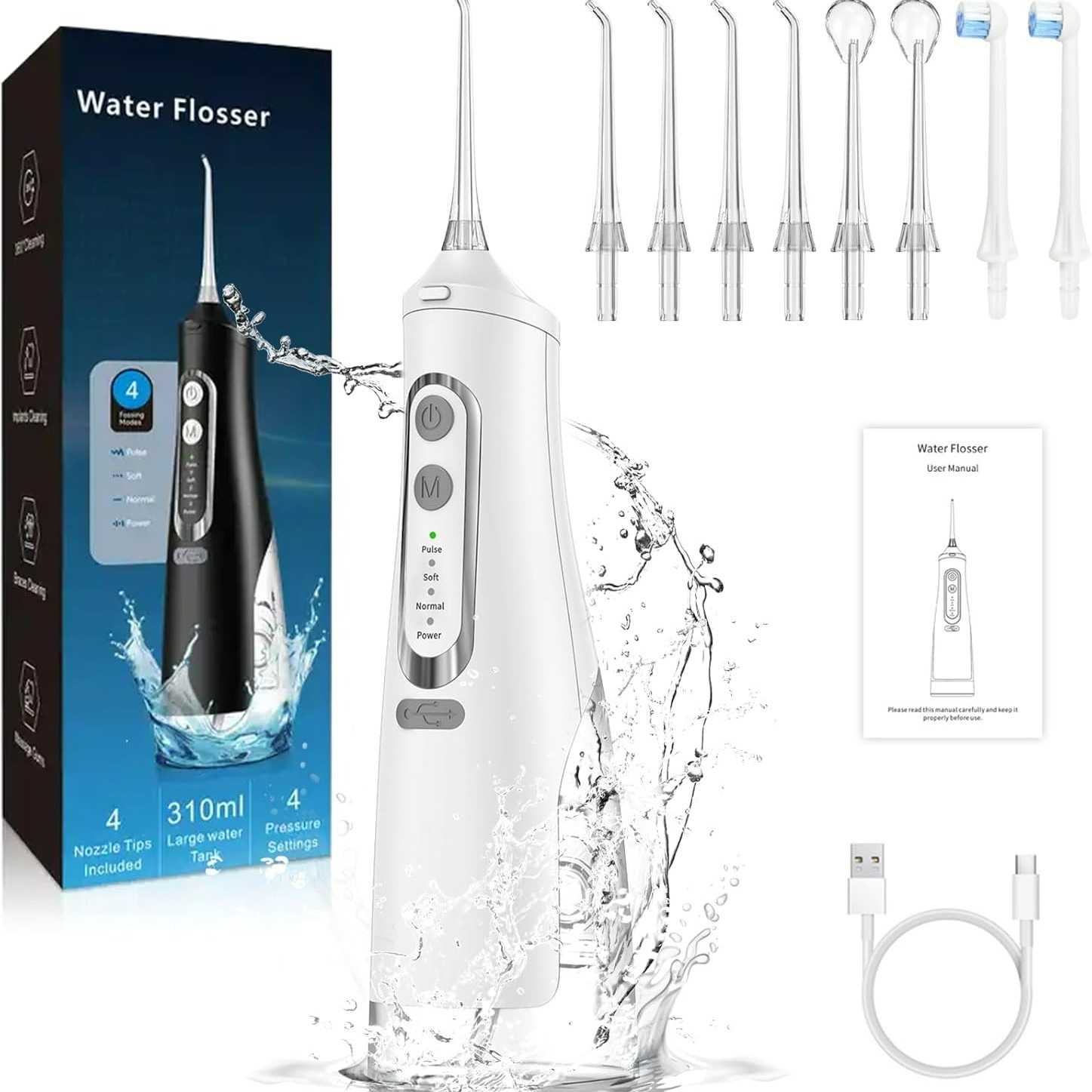 

Jet Dentaire Hydropulseur avec 4 Modes et 8 Buses, Hydropulseur et Irrigateurs, Water Flosser Portable Rechargeable, 310ML & IPX7 Etanche, Portable Irrigateur Oral Water Flosser pour Voyage et Maison