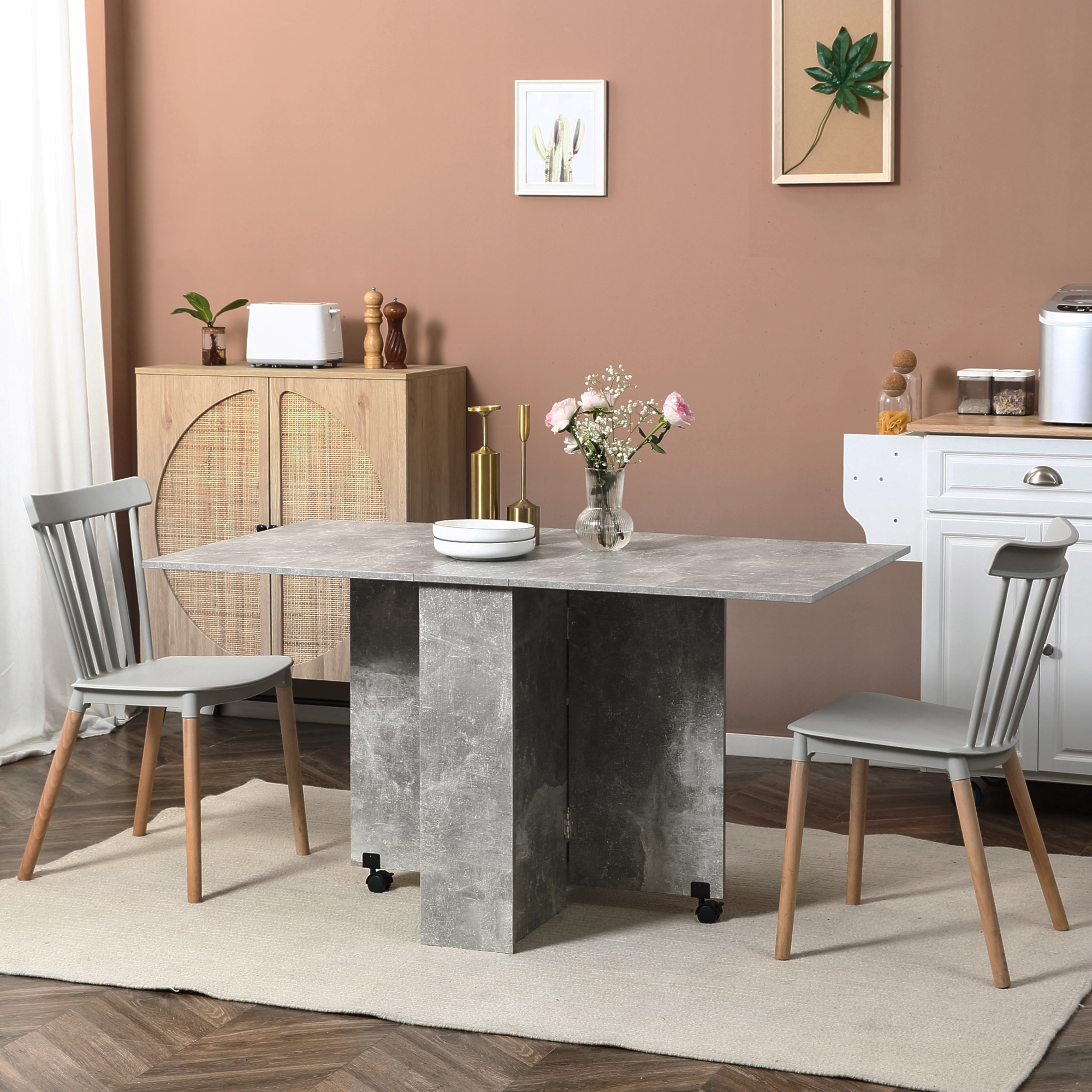 TEMU Folding Dining Table, Drop Leaf Table For With 2-tier Shelves, Small Kitchen Table With Rolling Casters, Cement Grey