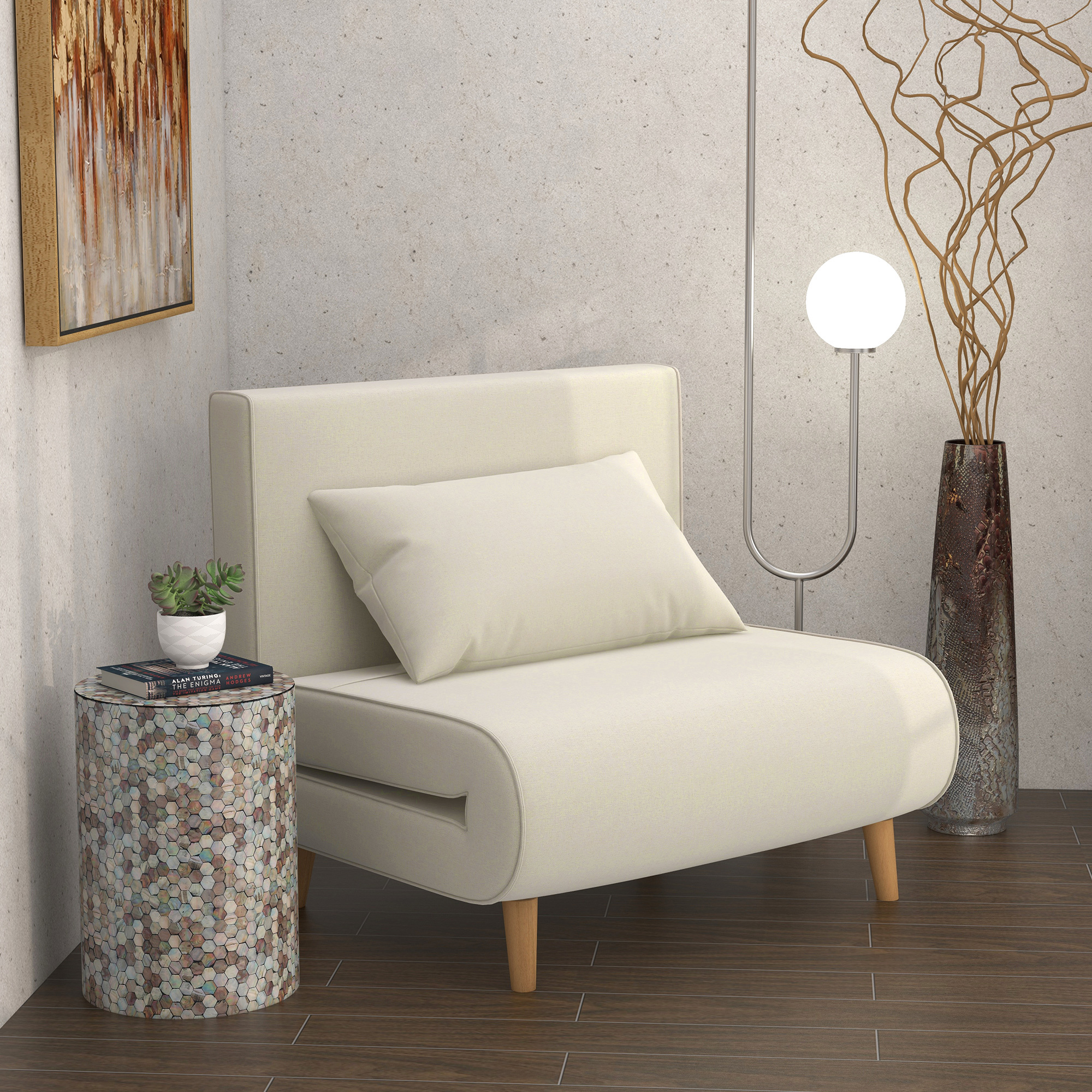 Single Sofa Sleeper Sofa Sofa Bed Foldable Sofa Adjustable Backrest Daybed Scandinavian 25d Linen Pine Wood Cream White 94 X 78 X 80 Cm