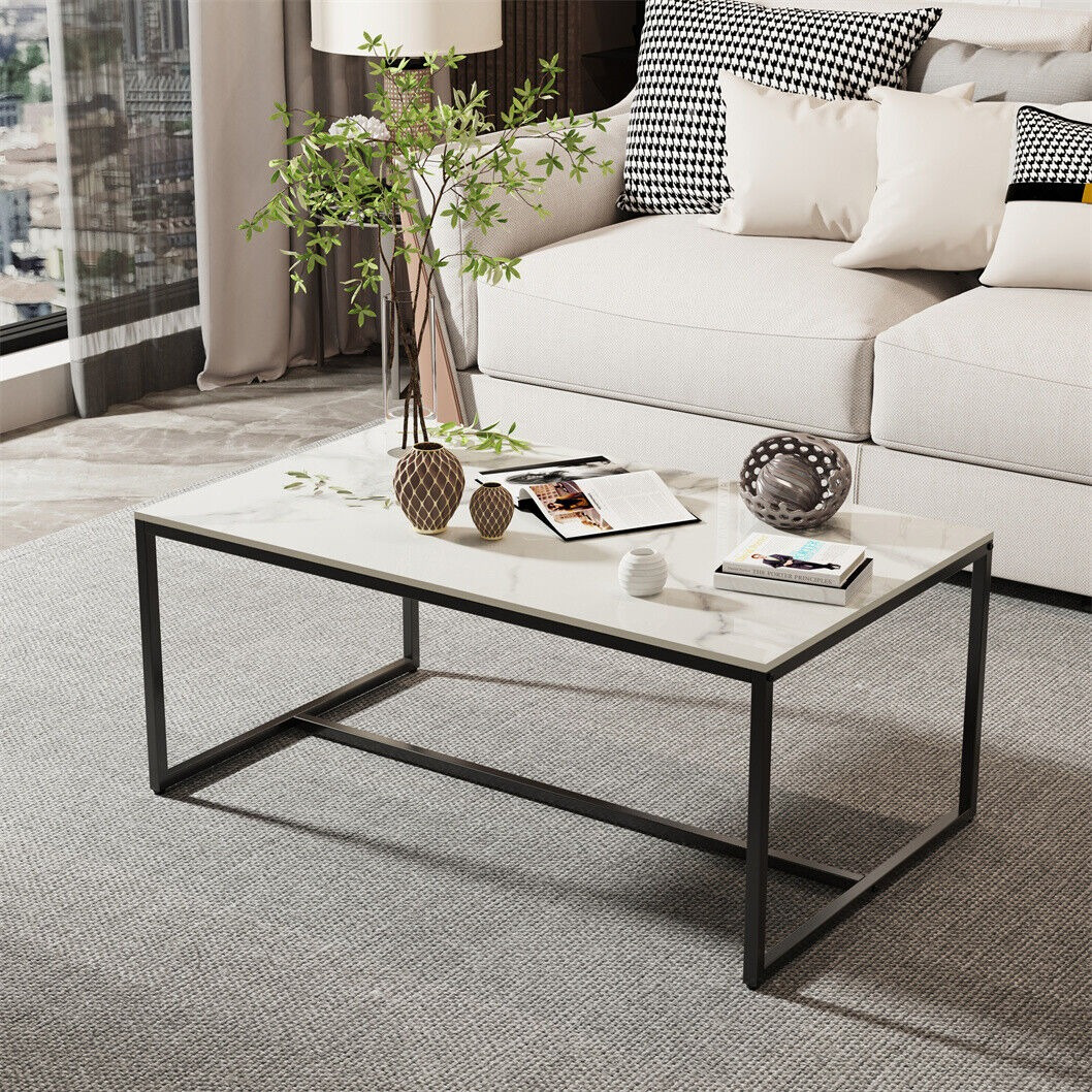 White Coffee Table Rectangular Center Table With Marble Effect For Living Room Home Office Industrial Cocktail Tables, Easy Assembly, 100x60x40cm